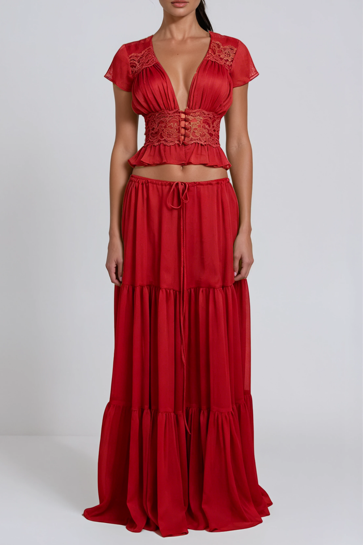Flavie Crop Lace Skirt Set In Red