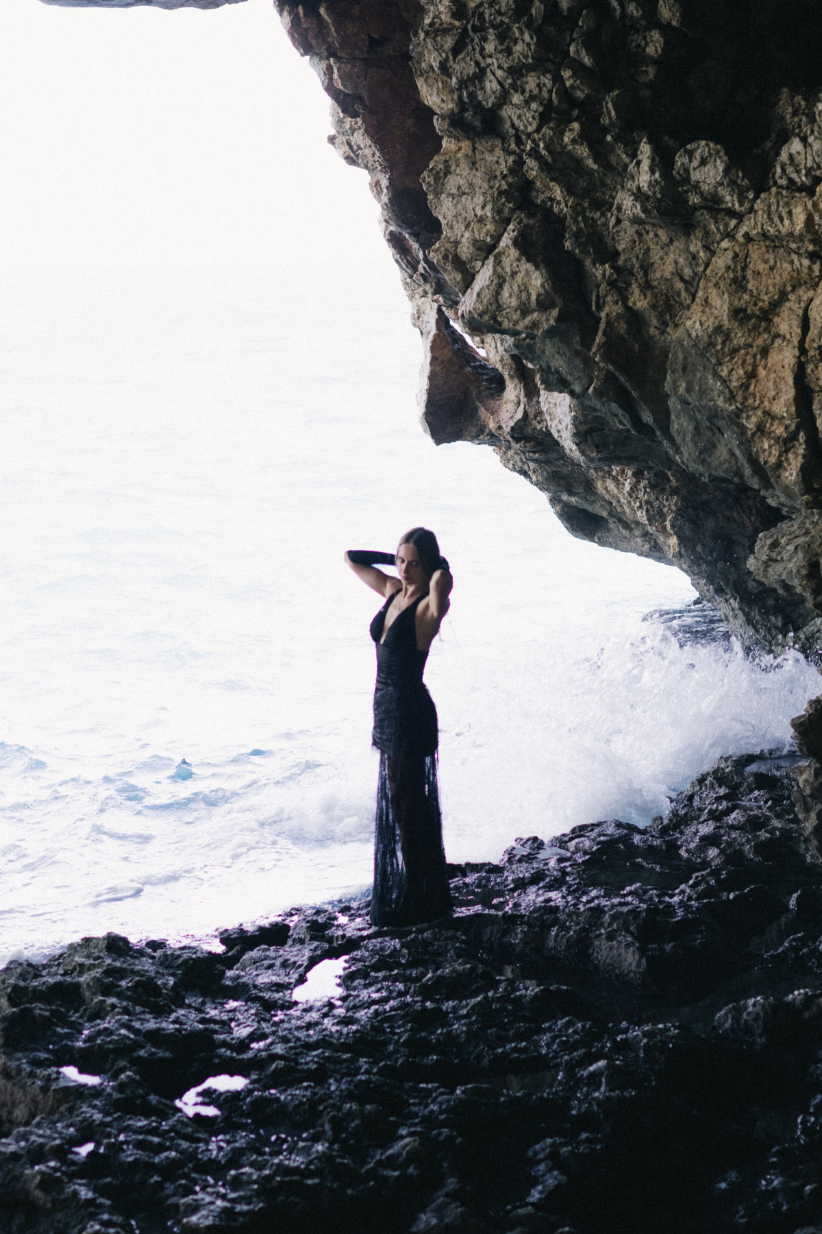 Enoque Plunge Feather Lace Maxi Dress