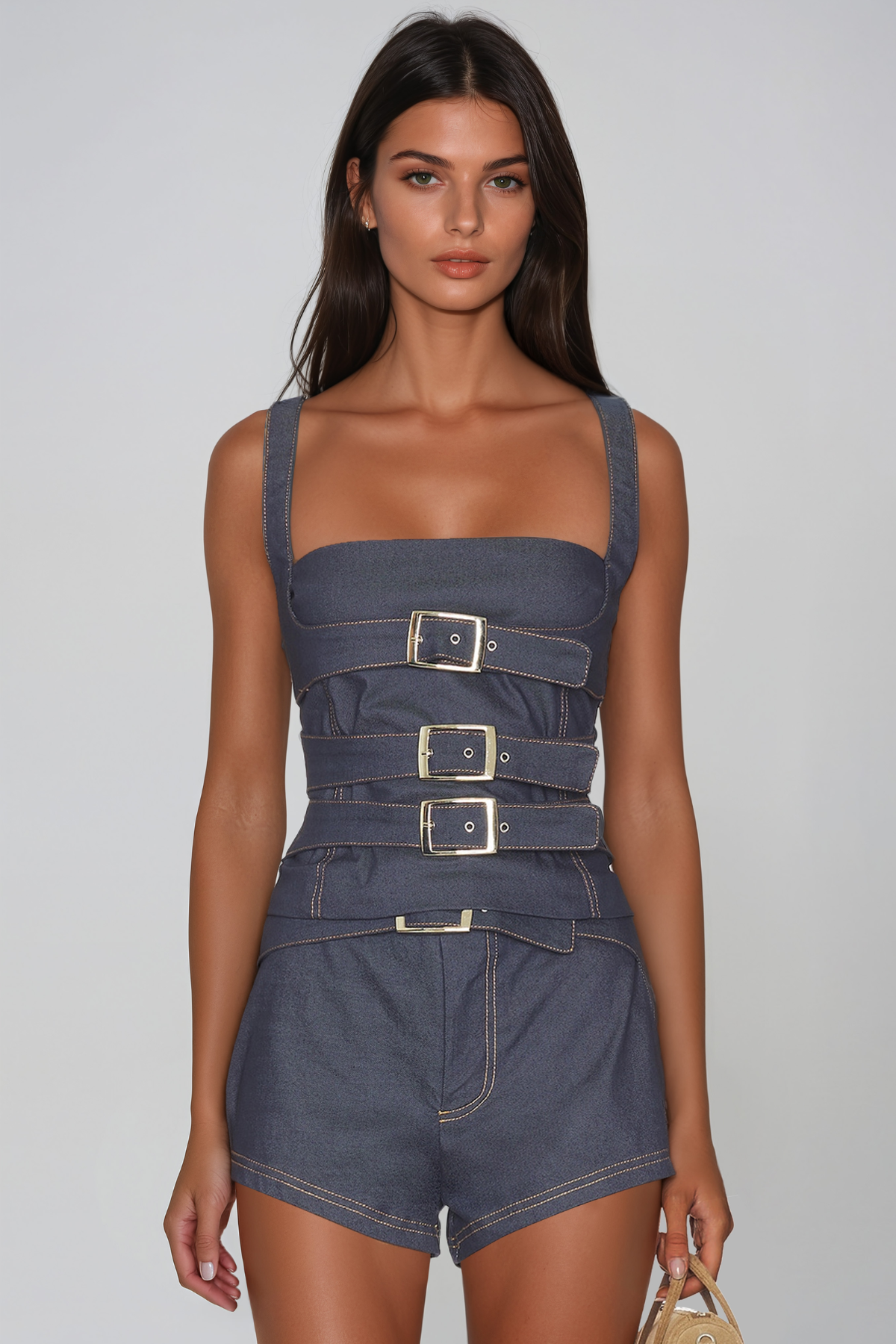 Janey Spaghetti Buckle Denim Shorts Set