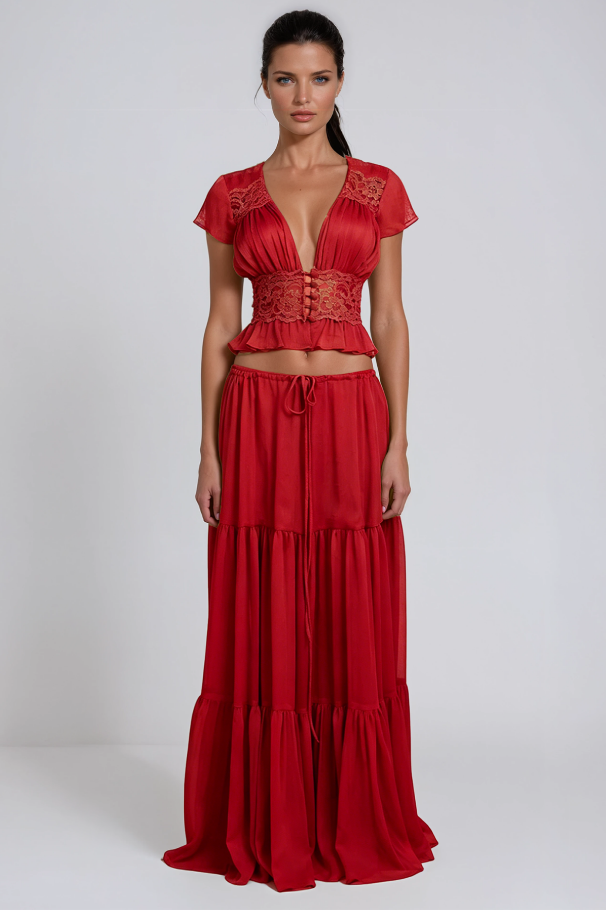 Flavie Crop Lace Skirt Set In Red