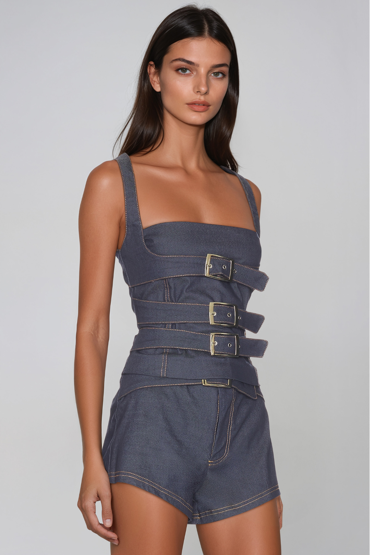 Janey Spaghetti Buckle Denim Shorts Set