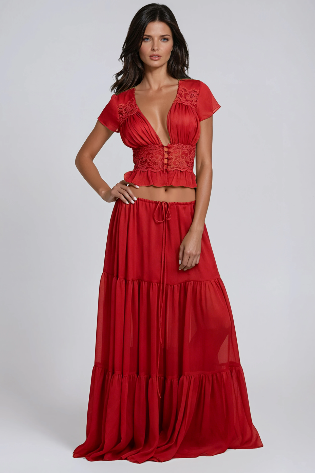 Flavie Crop Lace Skirt Set In Red