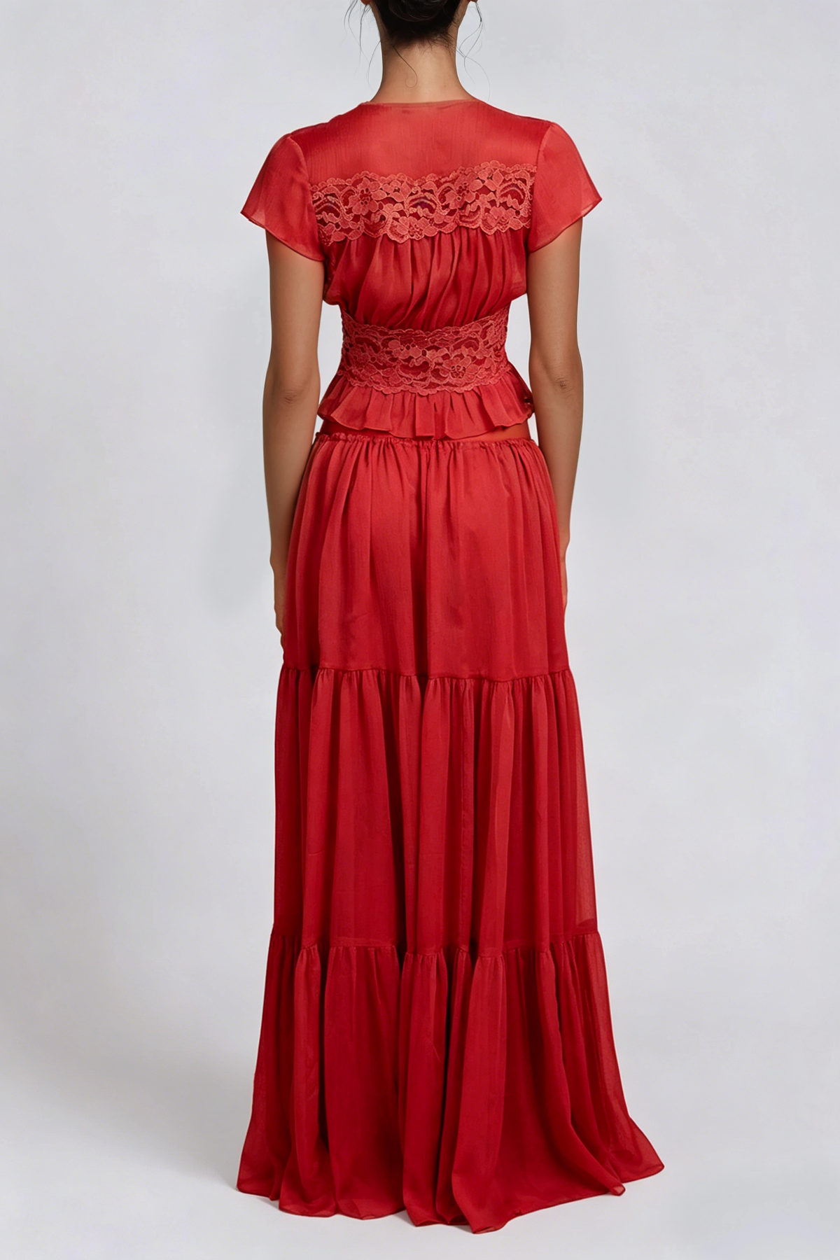 Flavie Crop Lace Skirt Set In Red