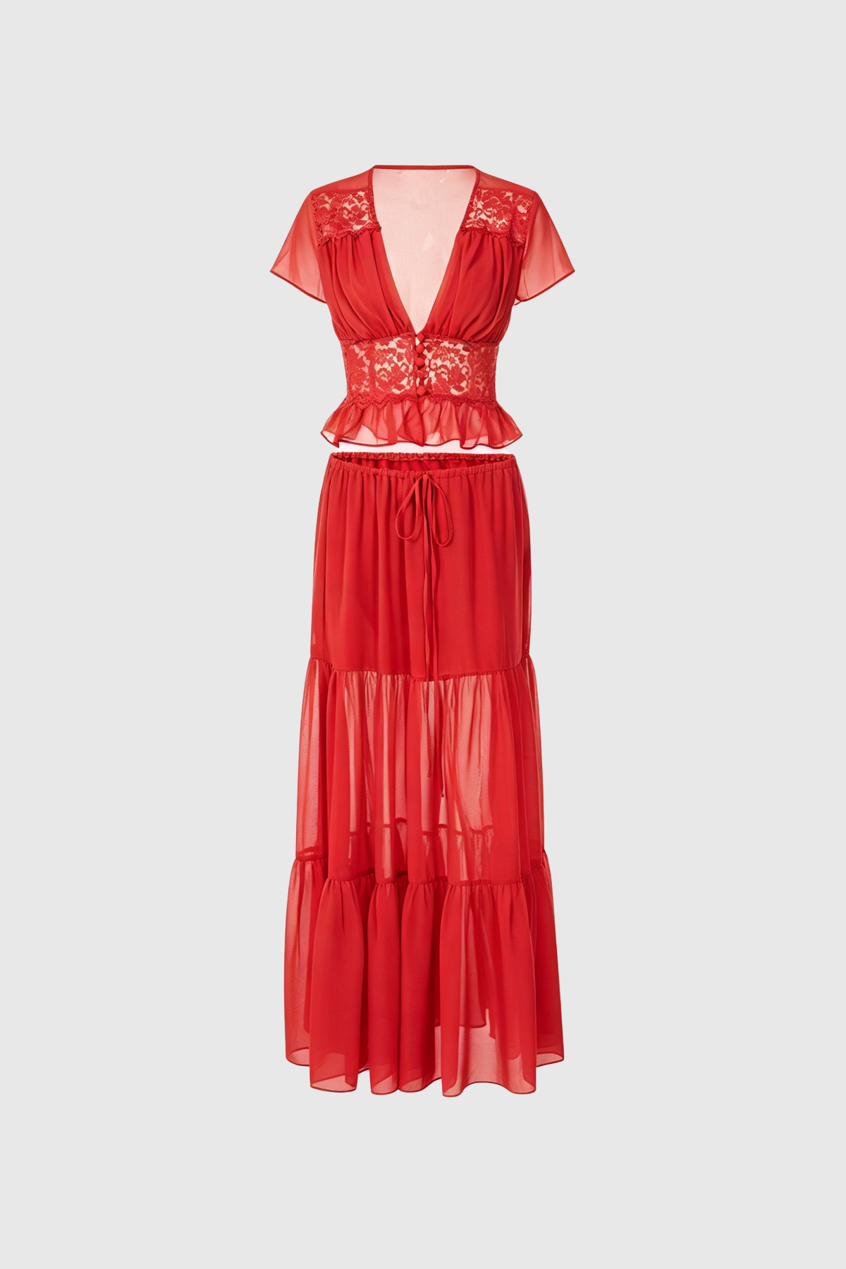 Flavie Crop Lace Skirt Set In Red