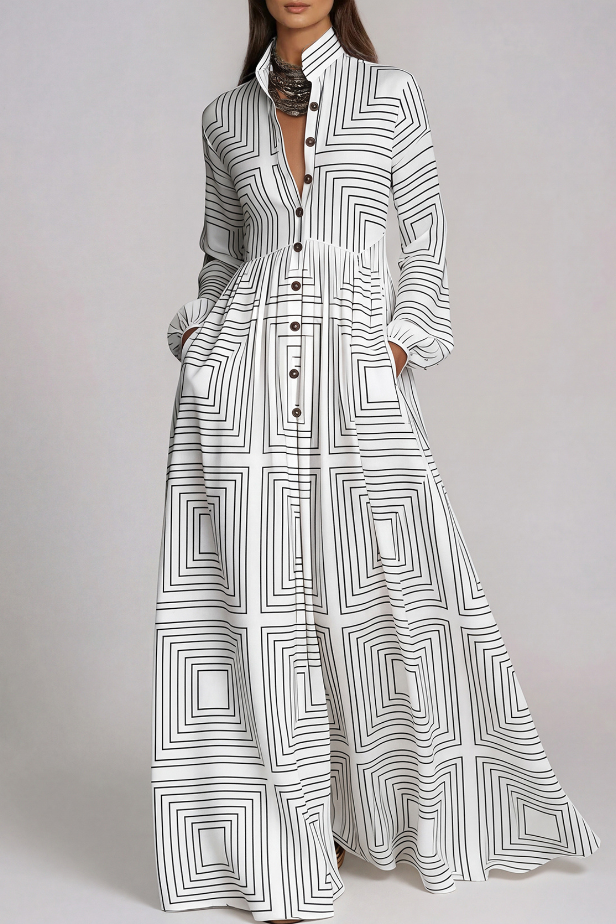 Fizza Plunge Ruch Geometric Maxi Dress In White