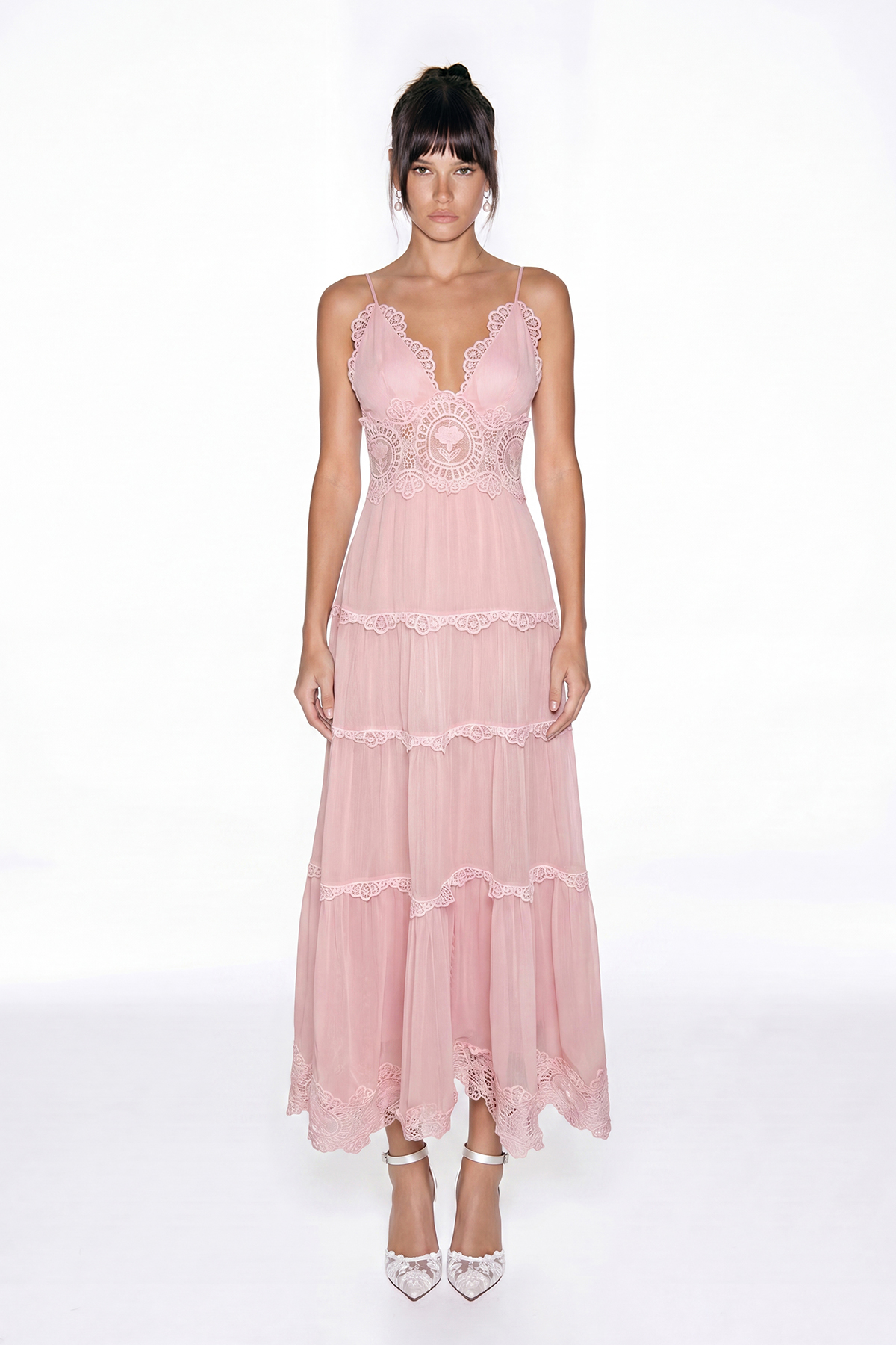 Hanieh V Neck  Lace Floral Maxi Dress In Pink