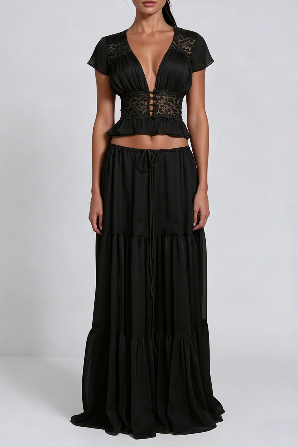 Flavie Crop Lace Skirt Set In Black