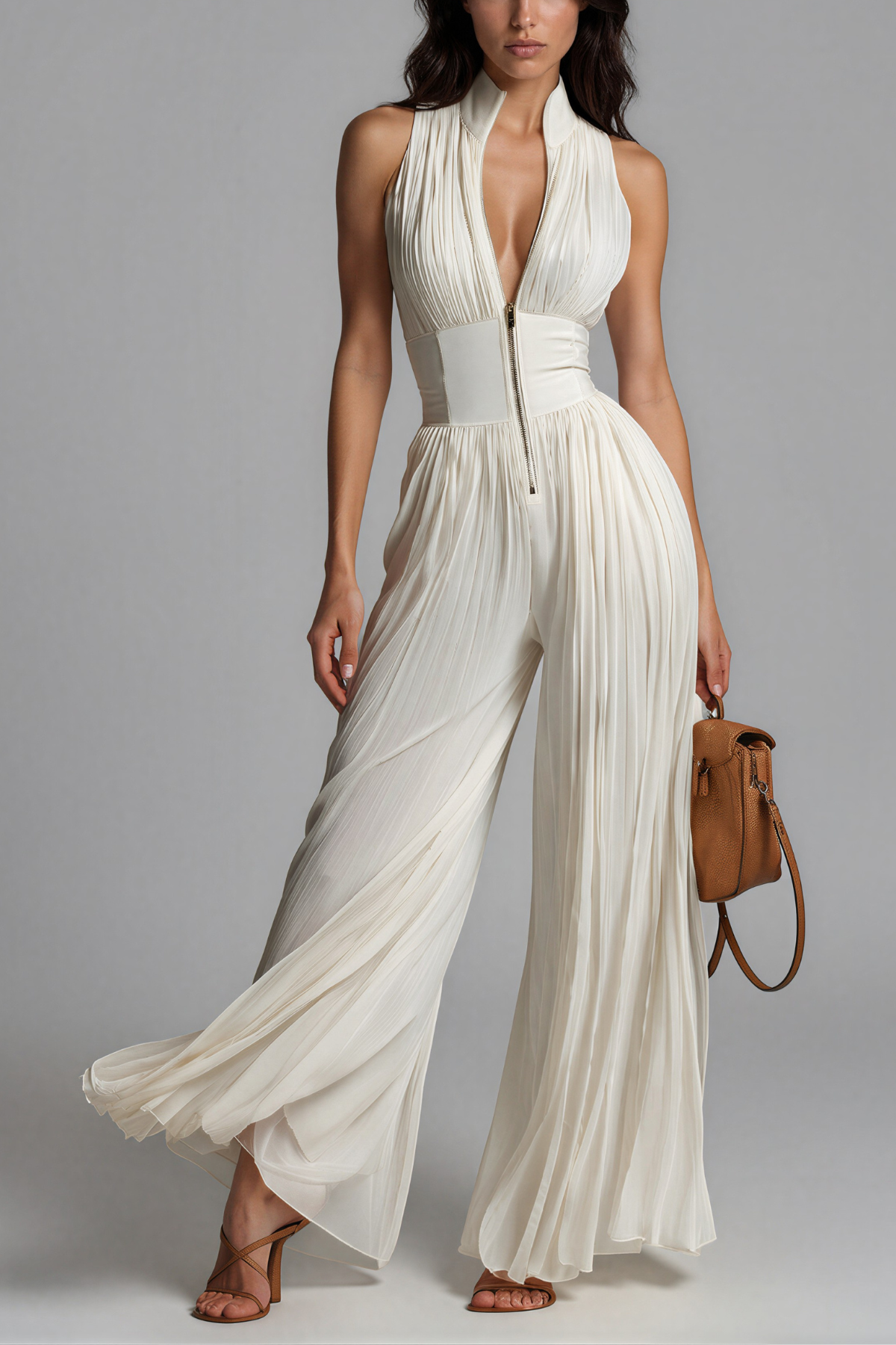Sera Zipper Ruched Jumpsuit In White