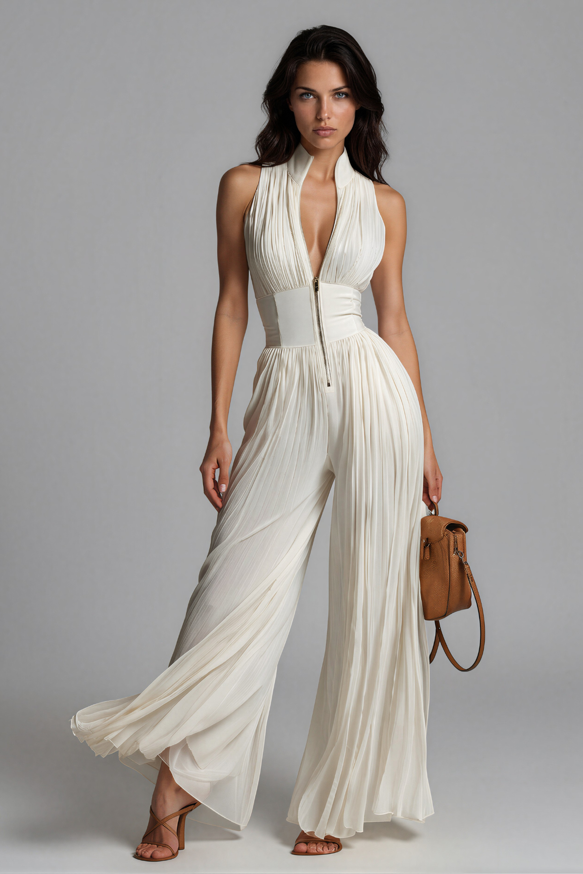 Sera Zipper Ruched Jumpsuit In White