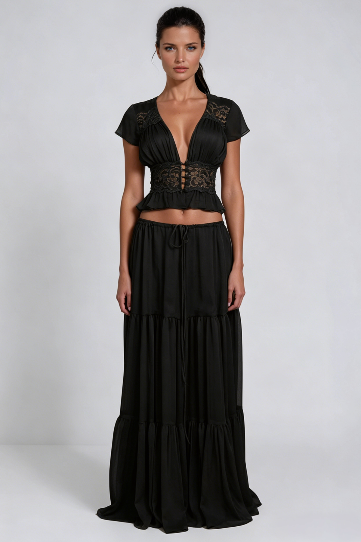 Flavie Crop Lace Skirt Set In Black