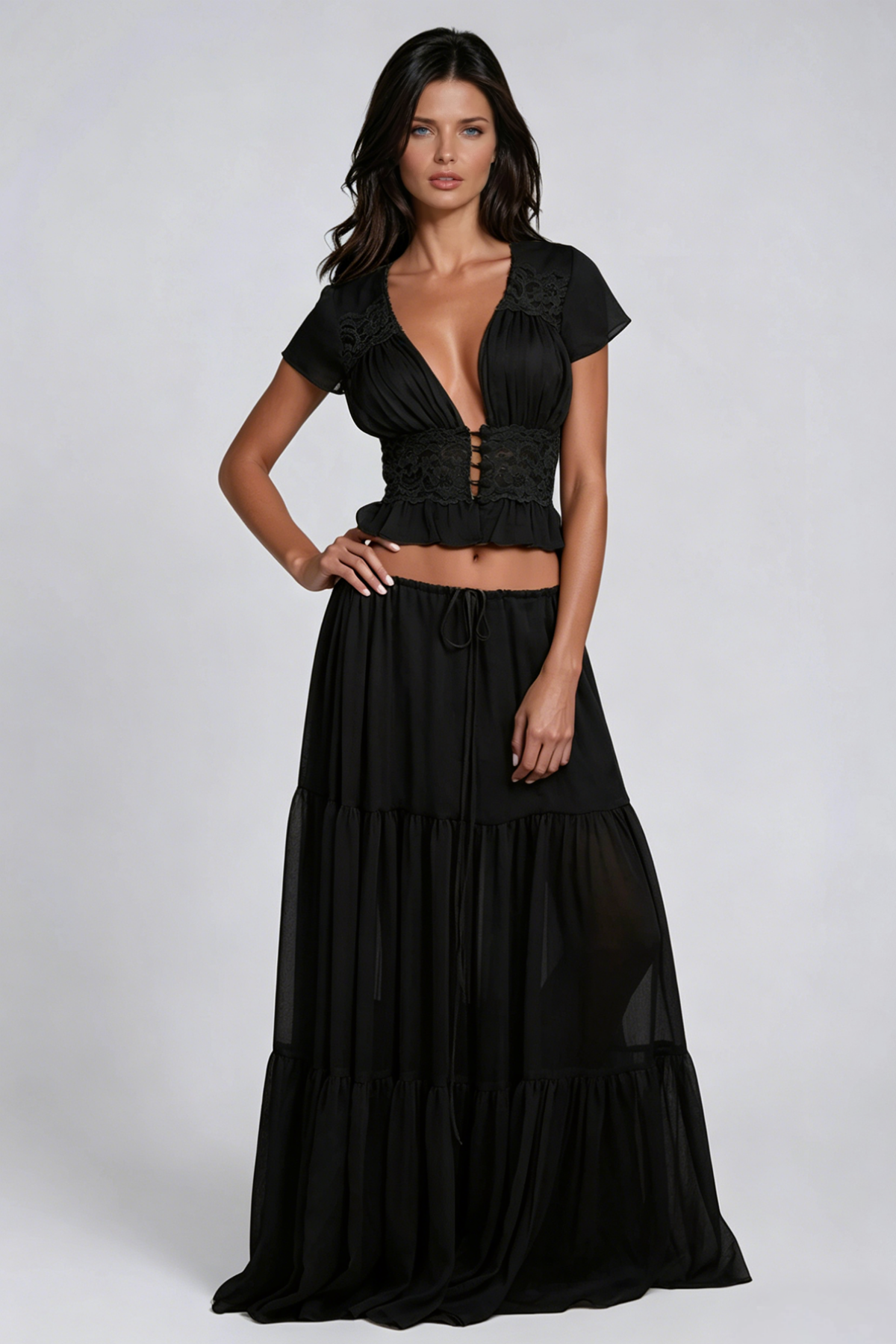 Flavie Crop Lace Skirt Set In Black