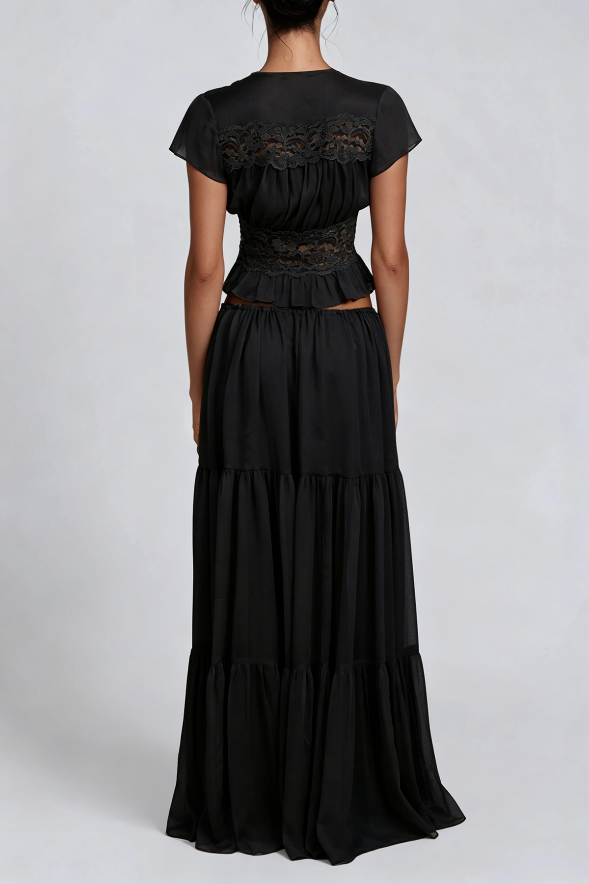 Flavie Crop Lace Skirt Set In Black