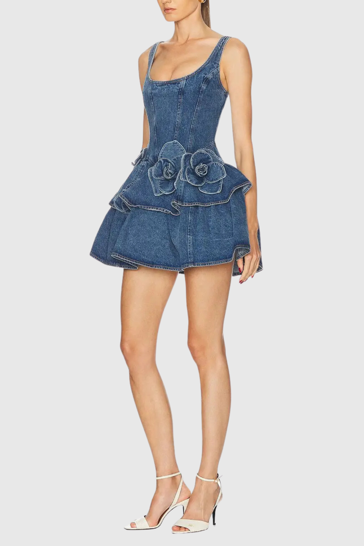 Dorofey Flower Ruffle Denim Mini Dress