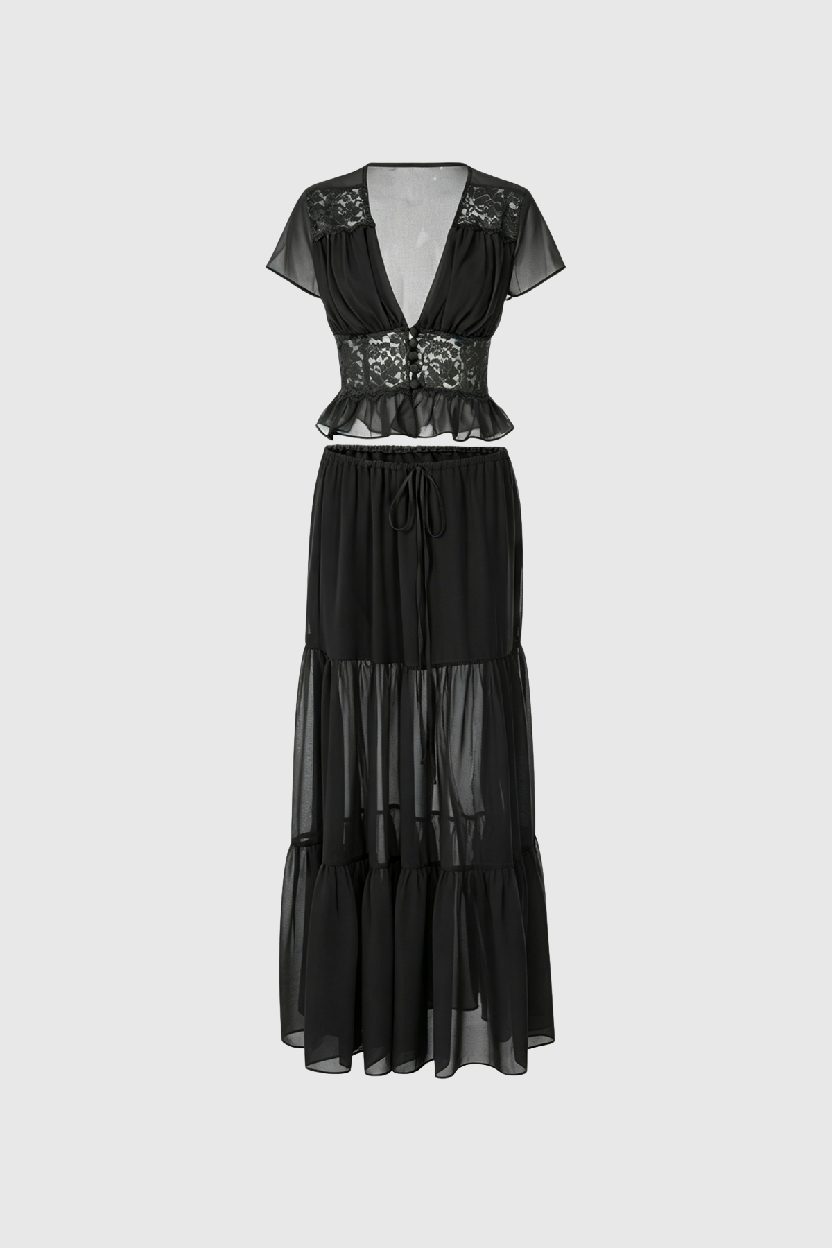 Flavie Crop Lace Skirt Set In Black