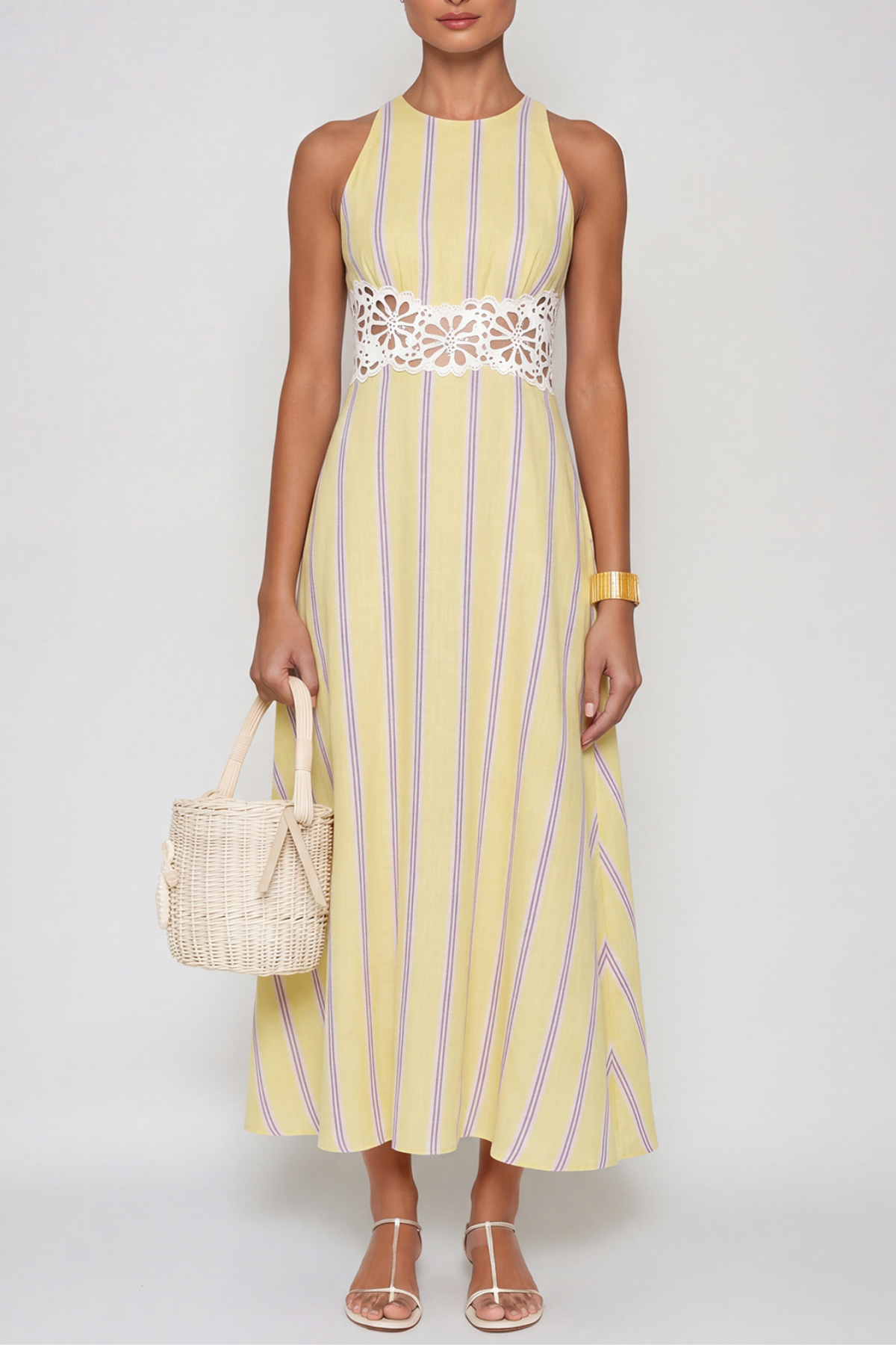 Caeso Sleeveless Stripe Cutout Maxi Dress In Yellow