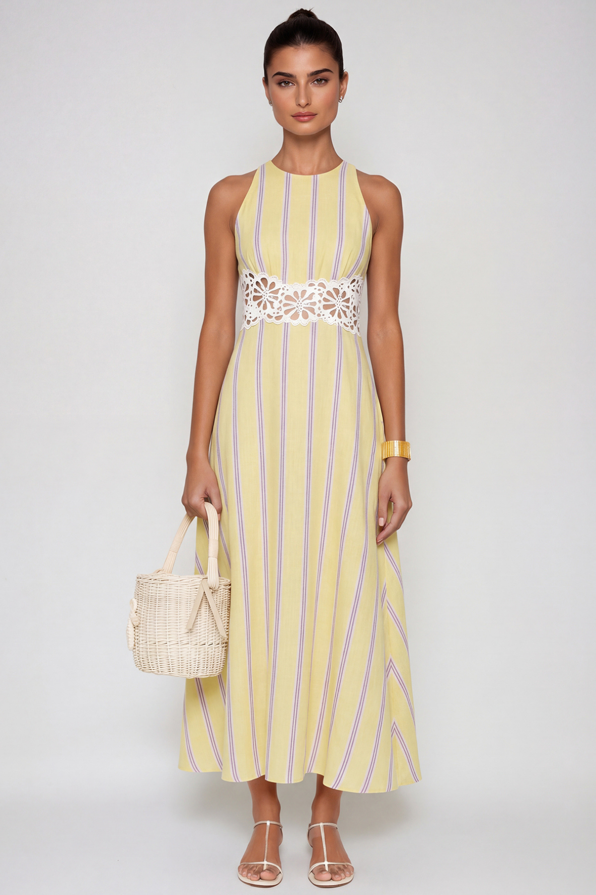Caeso Sleeveless Stripe Cutout Maxi Dress In Yellow