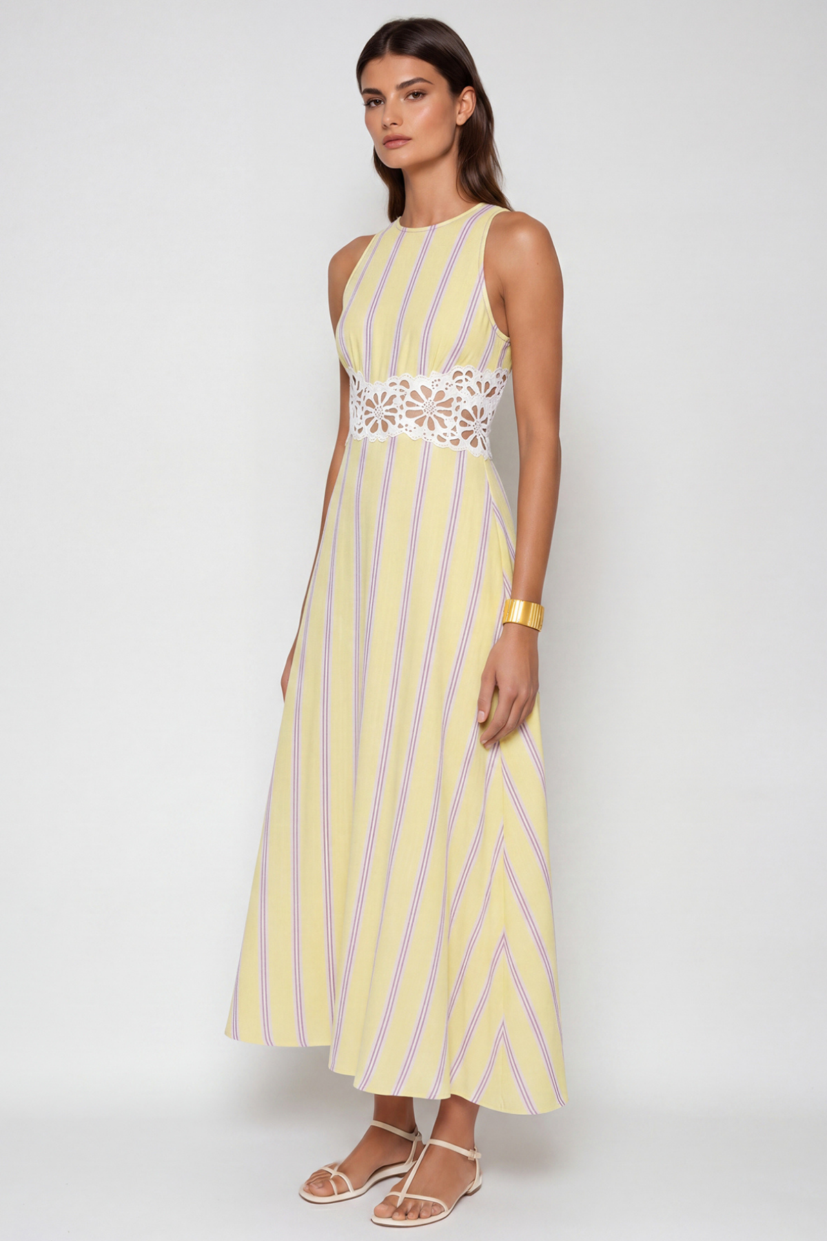 Caeso Sleeveless Stripe Cutout Maxi Dress In Yellow