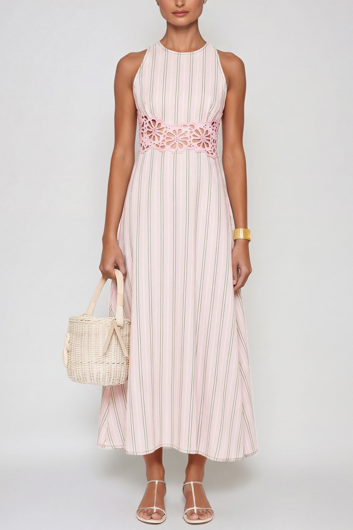 Caeso Sleeveless Stripe Cutout Maxi Dress In Pink