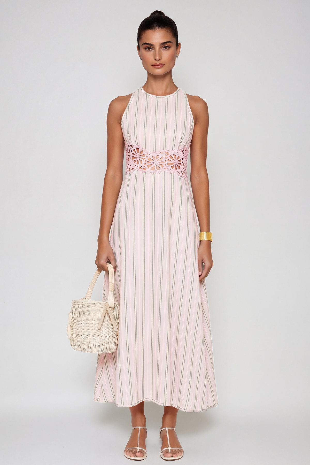 Caeso Sleeveless Stripe Cutout Maxi Dress In Pink