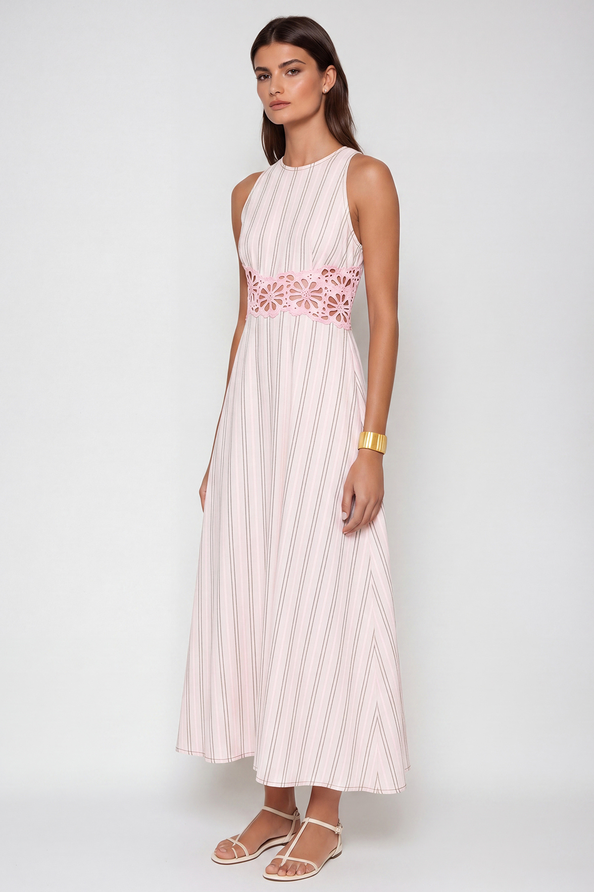 Caeso Sleeveless Stripe Cutout Maxi Dress In Pink
