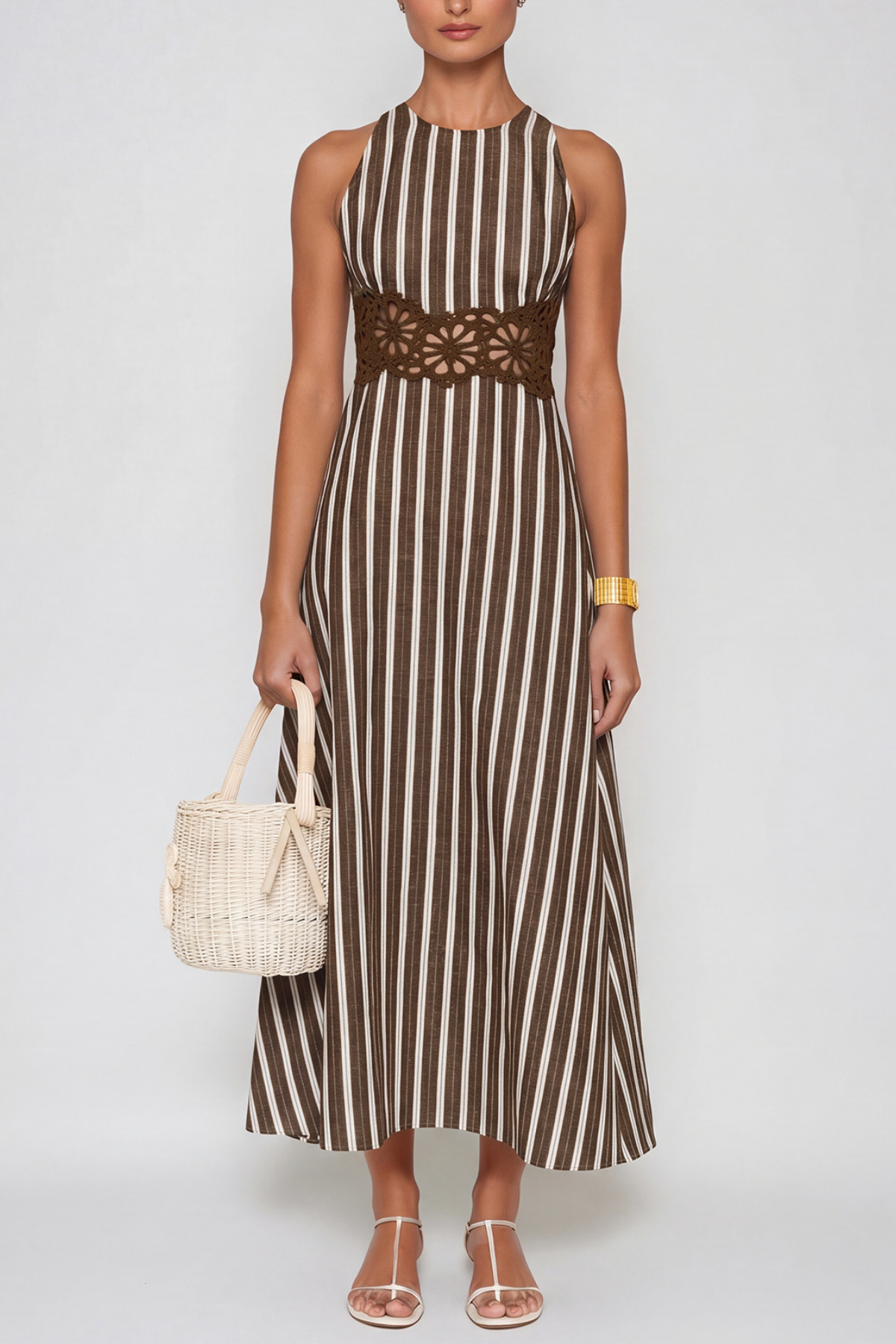 Caeso Sleeveless Stripe Cutout Maxi Dress In Brown