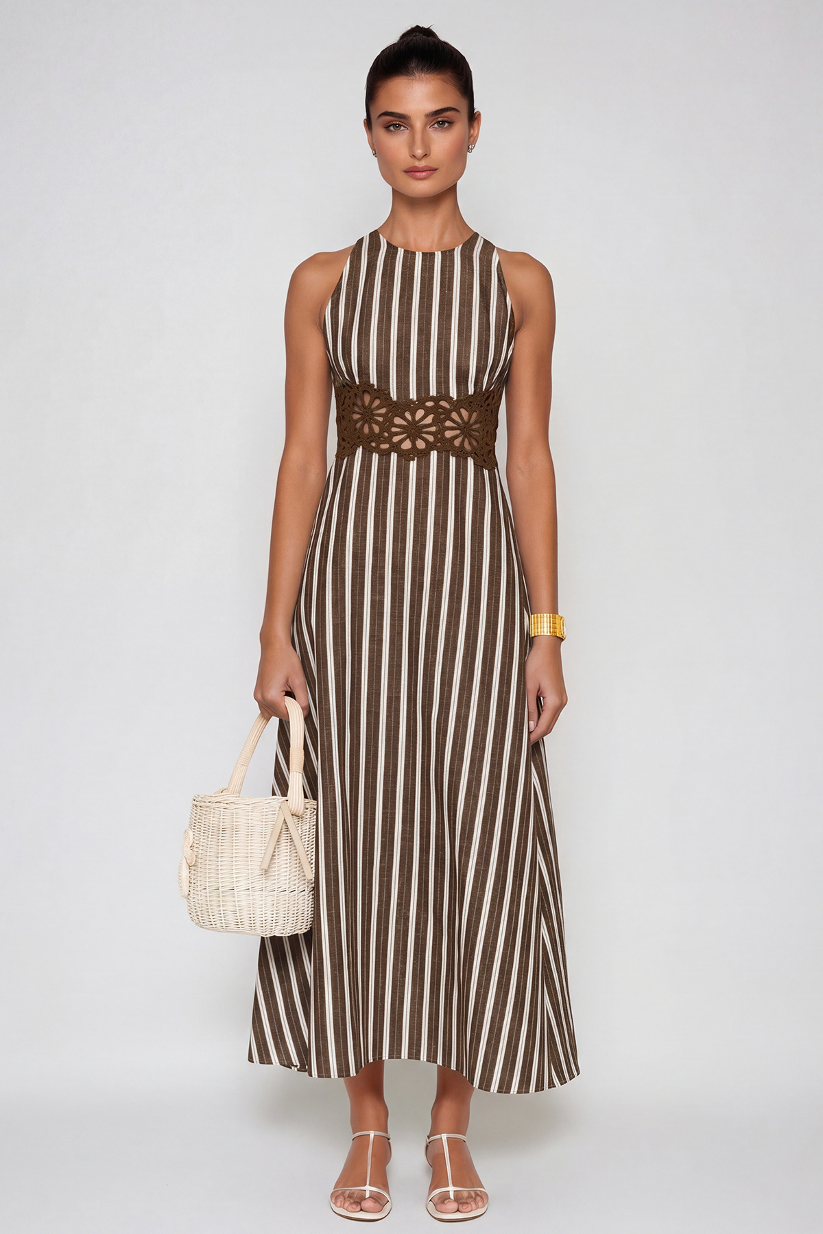 Caeso Sleeveless Stripe Cutout Maxi Dress In Brown