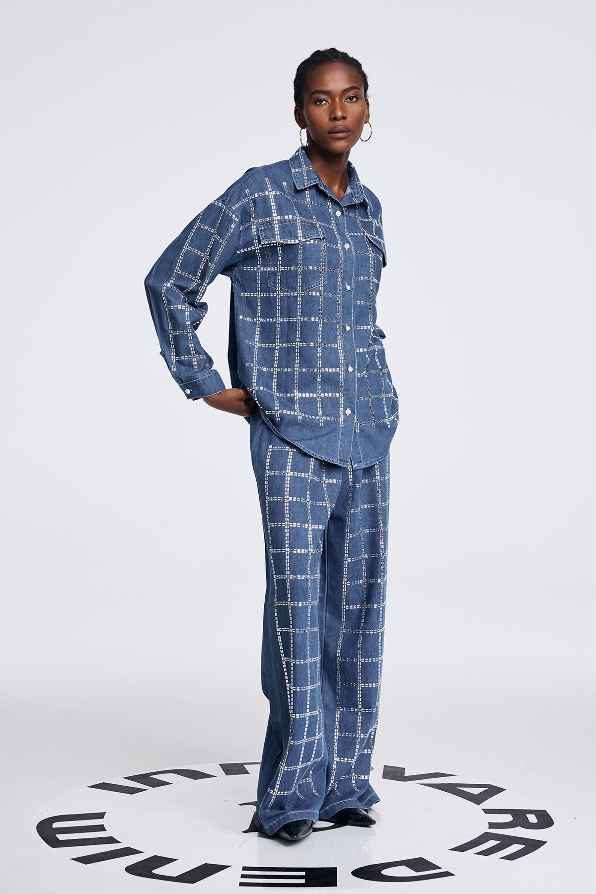 Aodh Rhinestone Grid Denim Shirt Pants Set In Blue