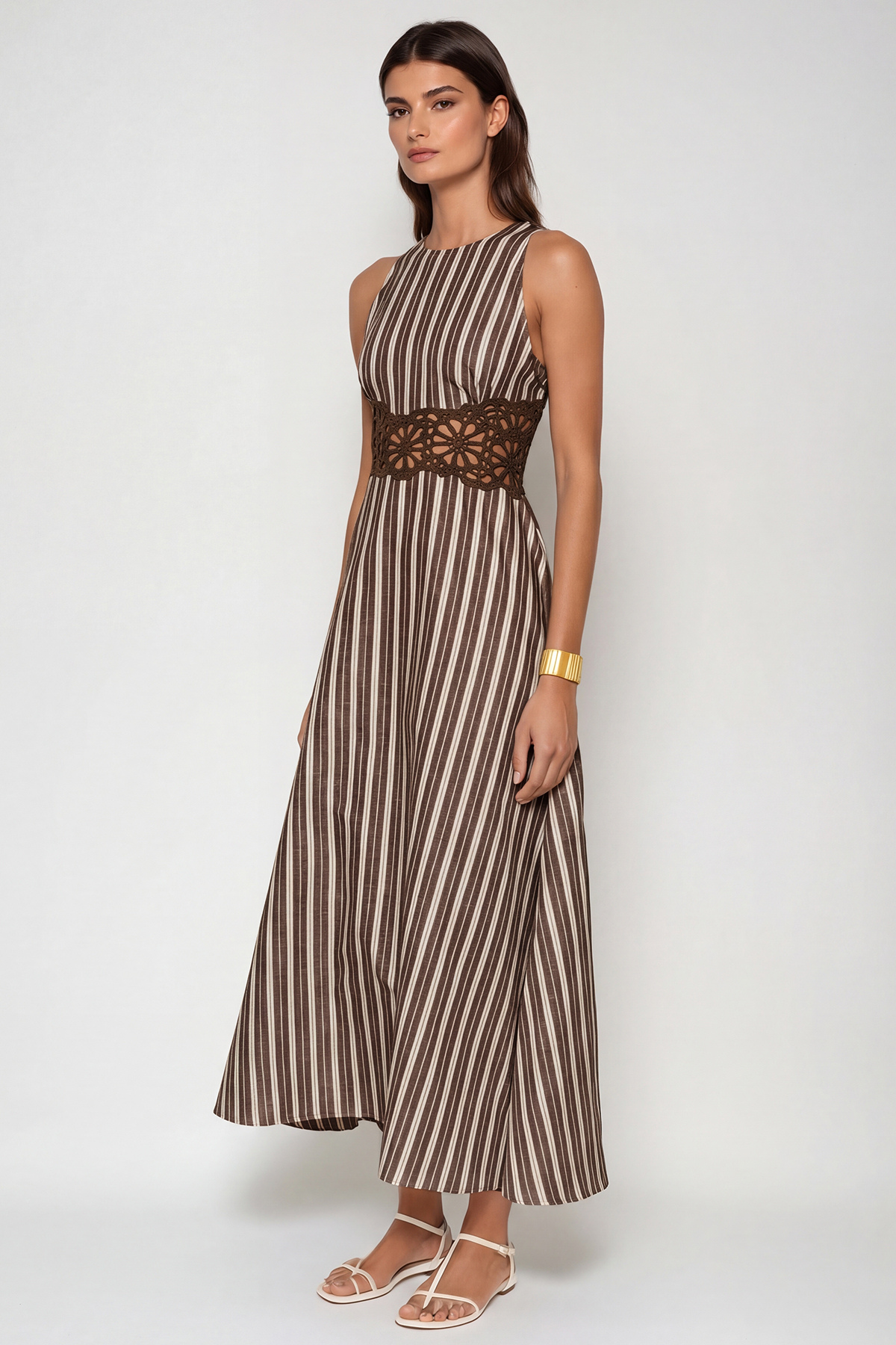 Caeso Sleeveless Stripe Cutout Maxi Dress In Brown