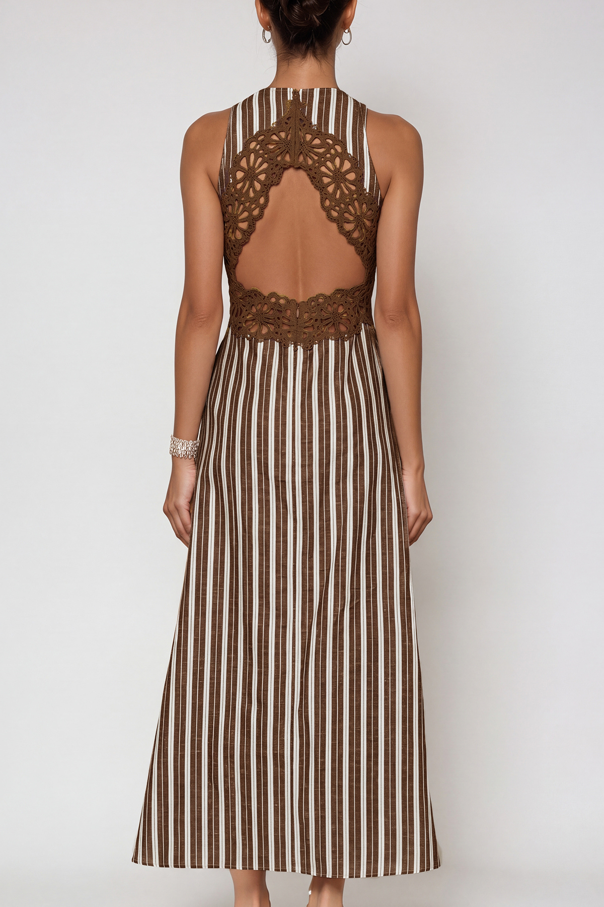 Caeso Sleeveless Stripe Cutout Maxi Dress In Brown