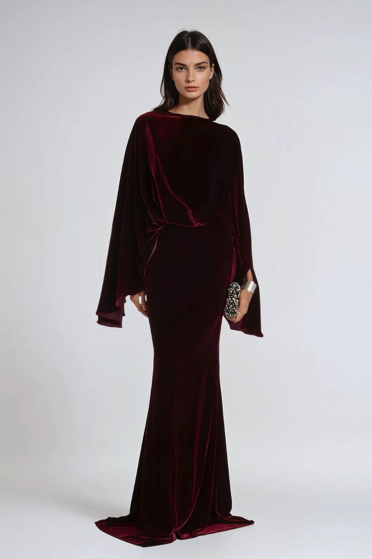 Dixon Cape Sleeve Ruch Velvet Skirt Set In Wine
