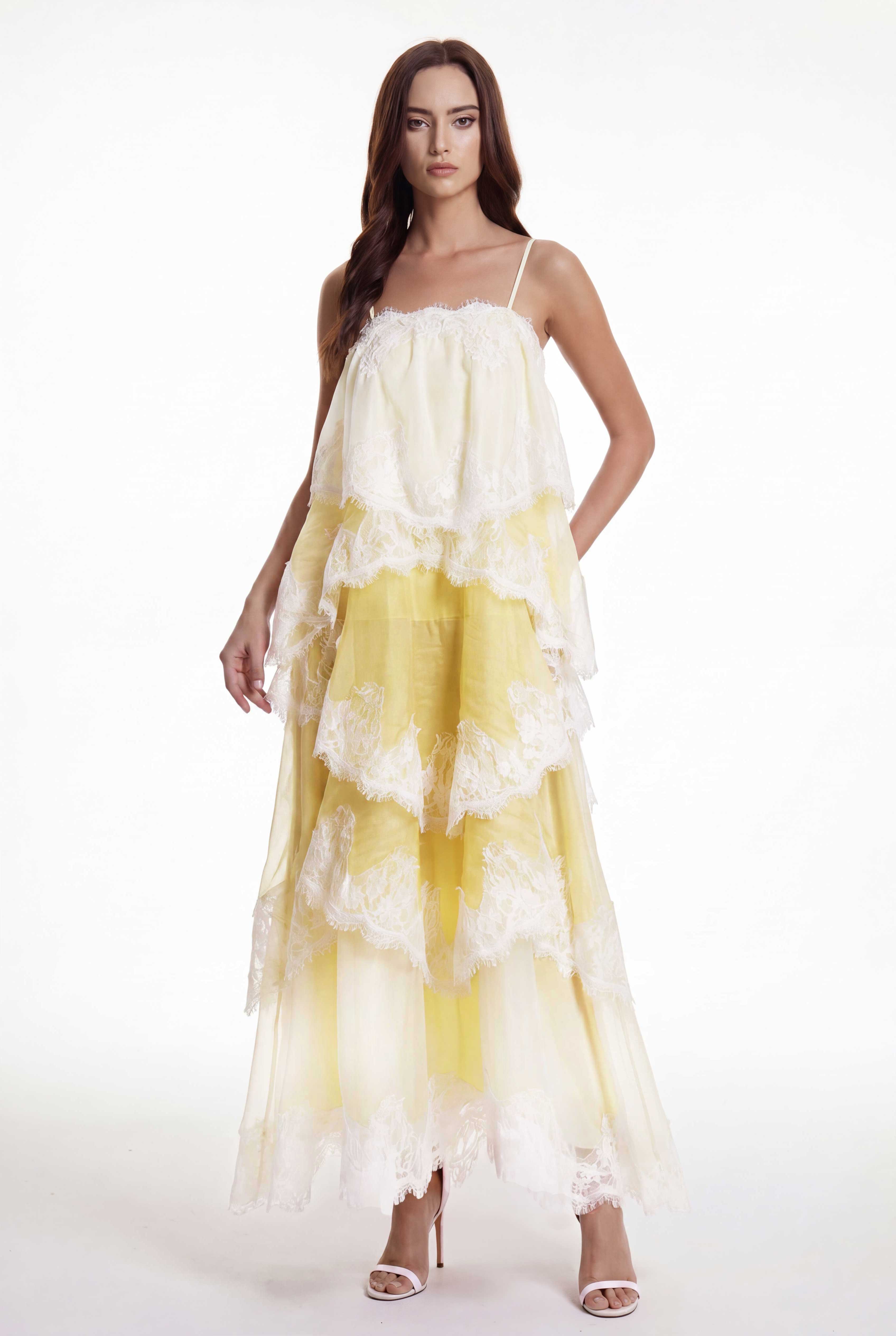 Drummond Spaghetti Hayley Lace Maxi Tiered Dress In Yellow