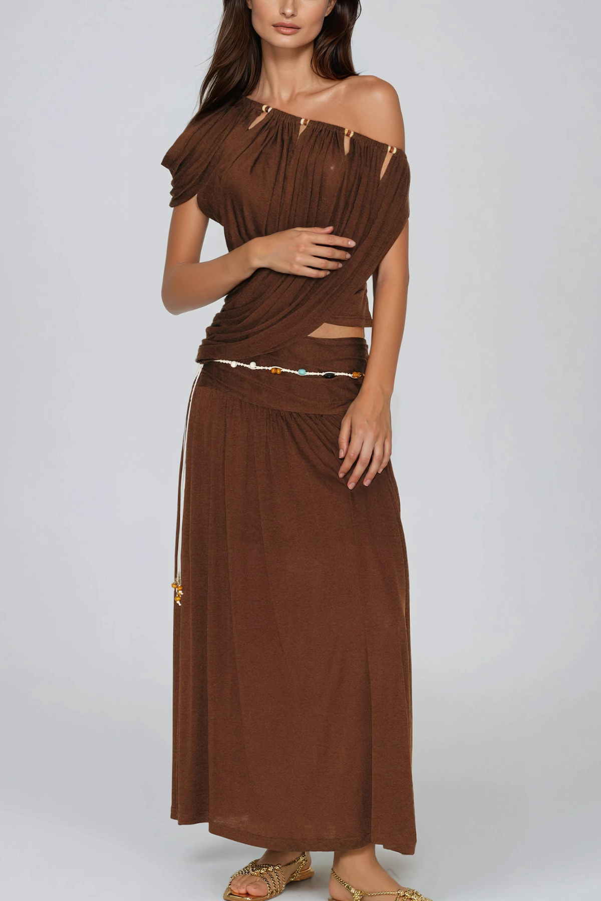 Herleva One Shoulder Ruch Maxi Skirt Set