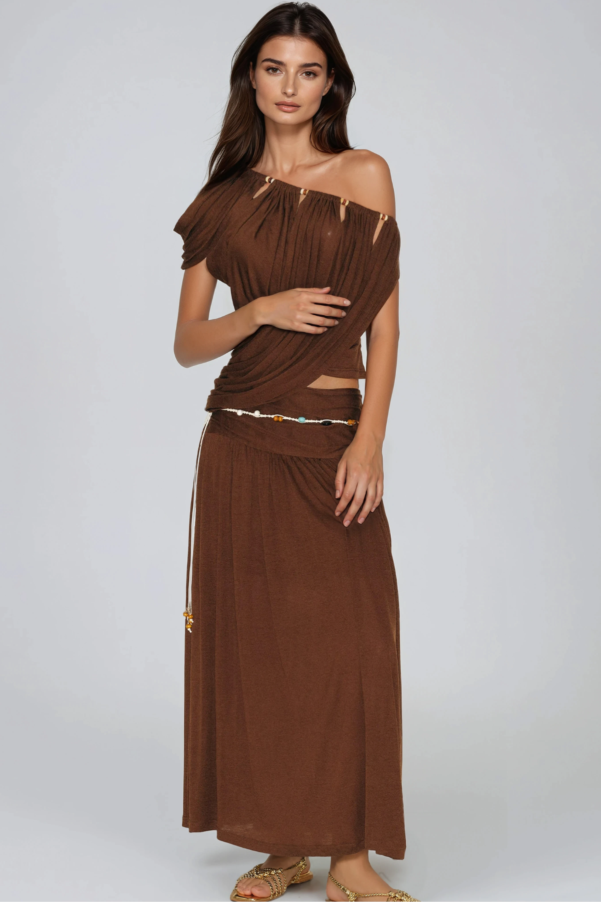 Herleva One Shoulder Ruch Maxi Skirt Set
