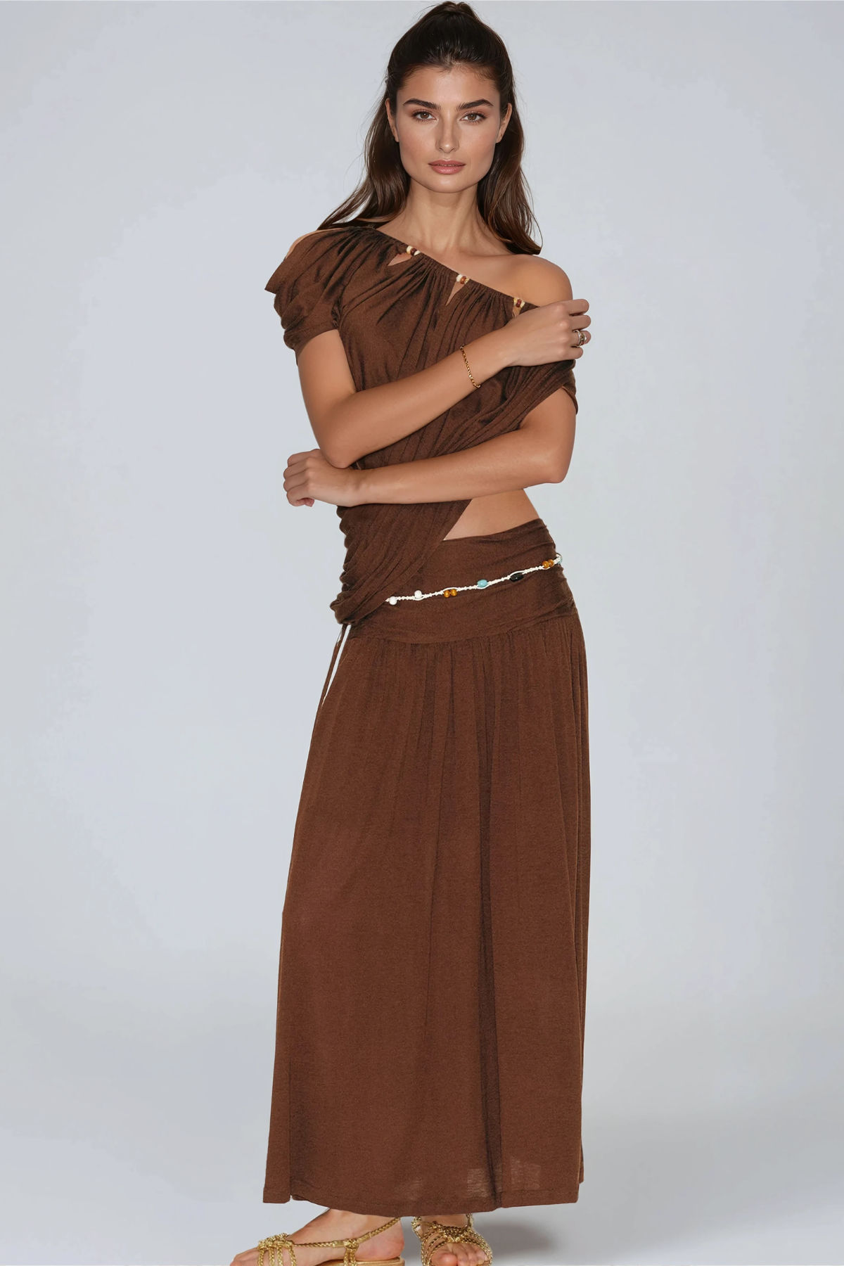 Herleva One Shoulder Ruch Maxi Skirt Set