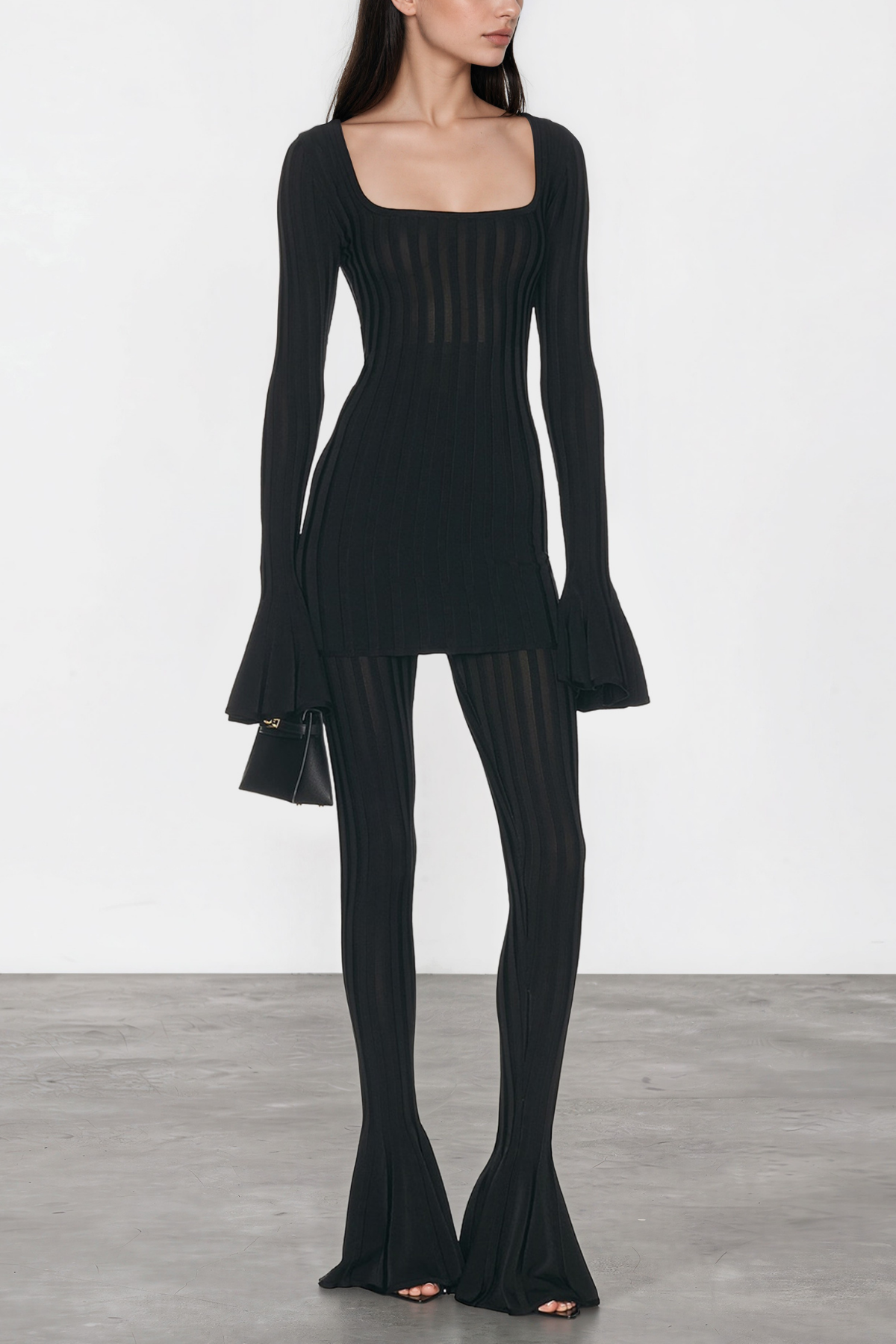 Hestia Ribbed Flare Sleeve Mini Dress Pants Set
