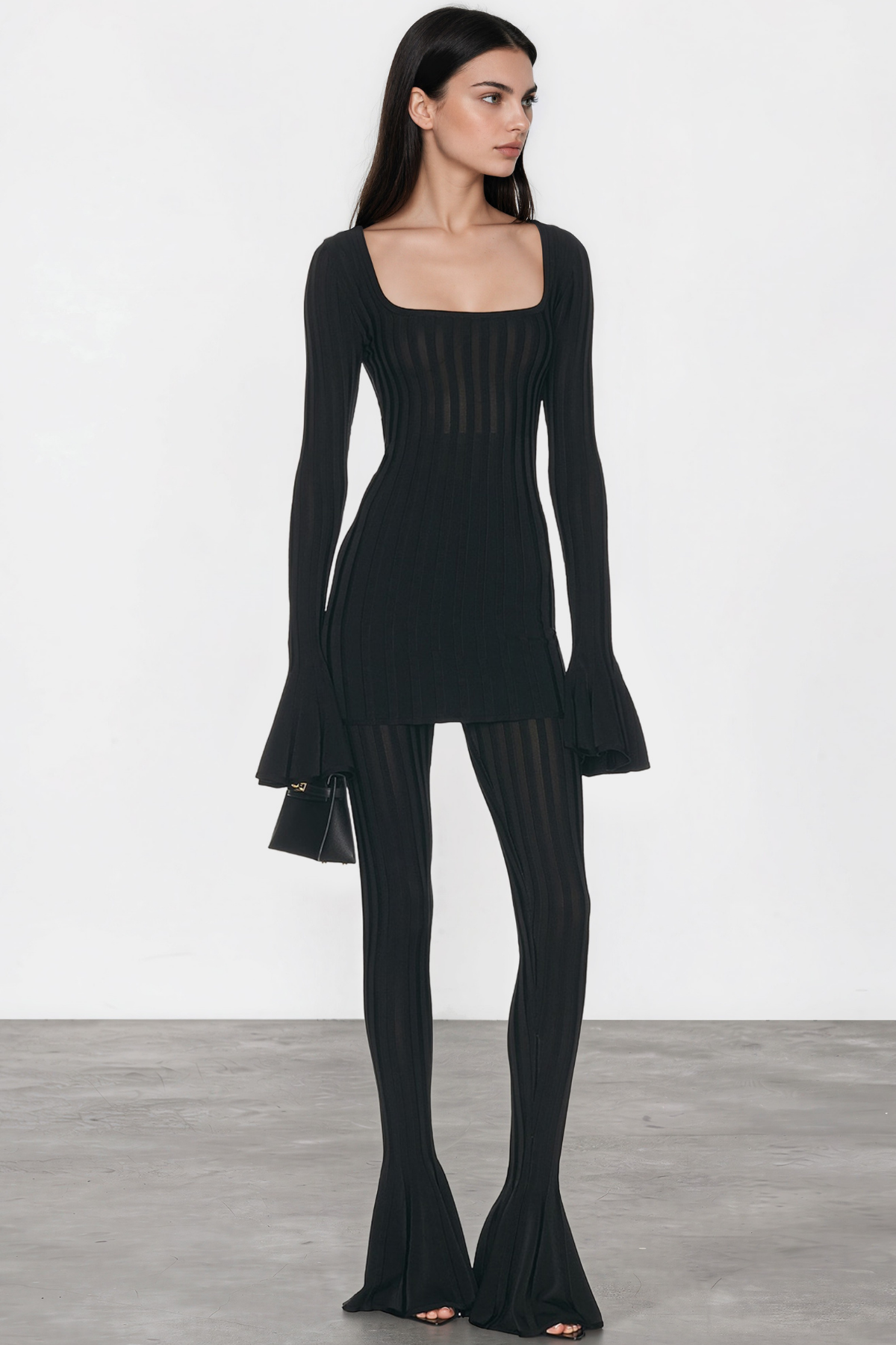 Hestia Ribbed Flare Sleeve Mini Dress Pants Set