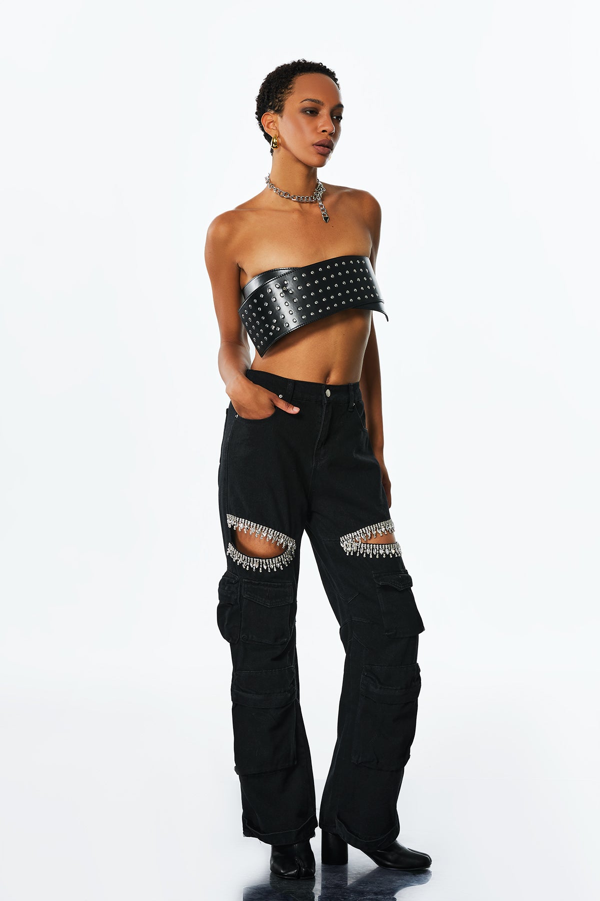 Ahava Diamond Cutout Cargo Jeans In Black