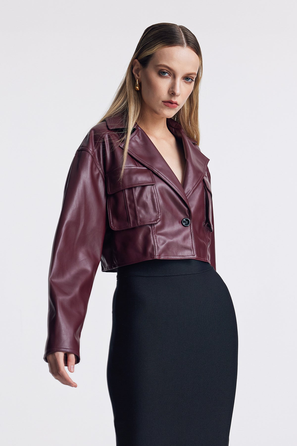 Acelin Pocket Lapel Leather Jacket