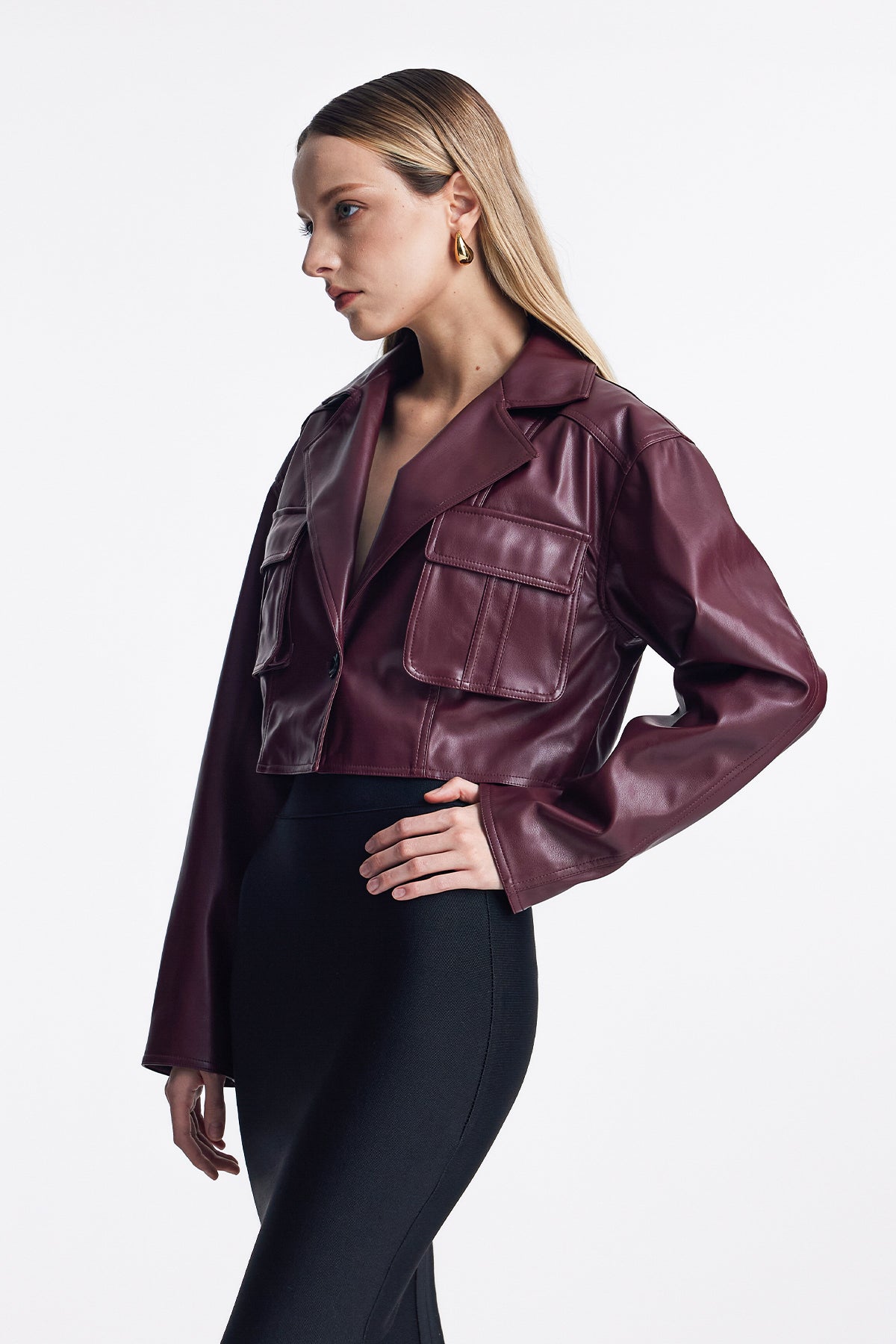 Acelin Pocket Lapel Leather Jacket