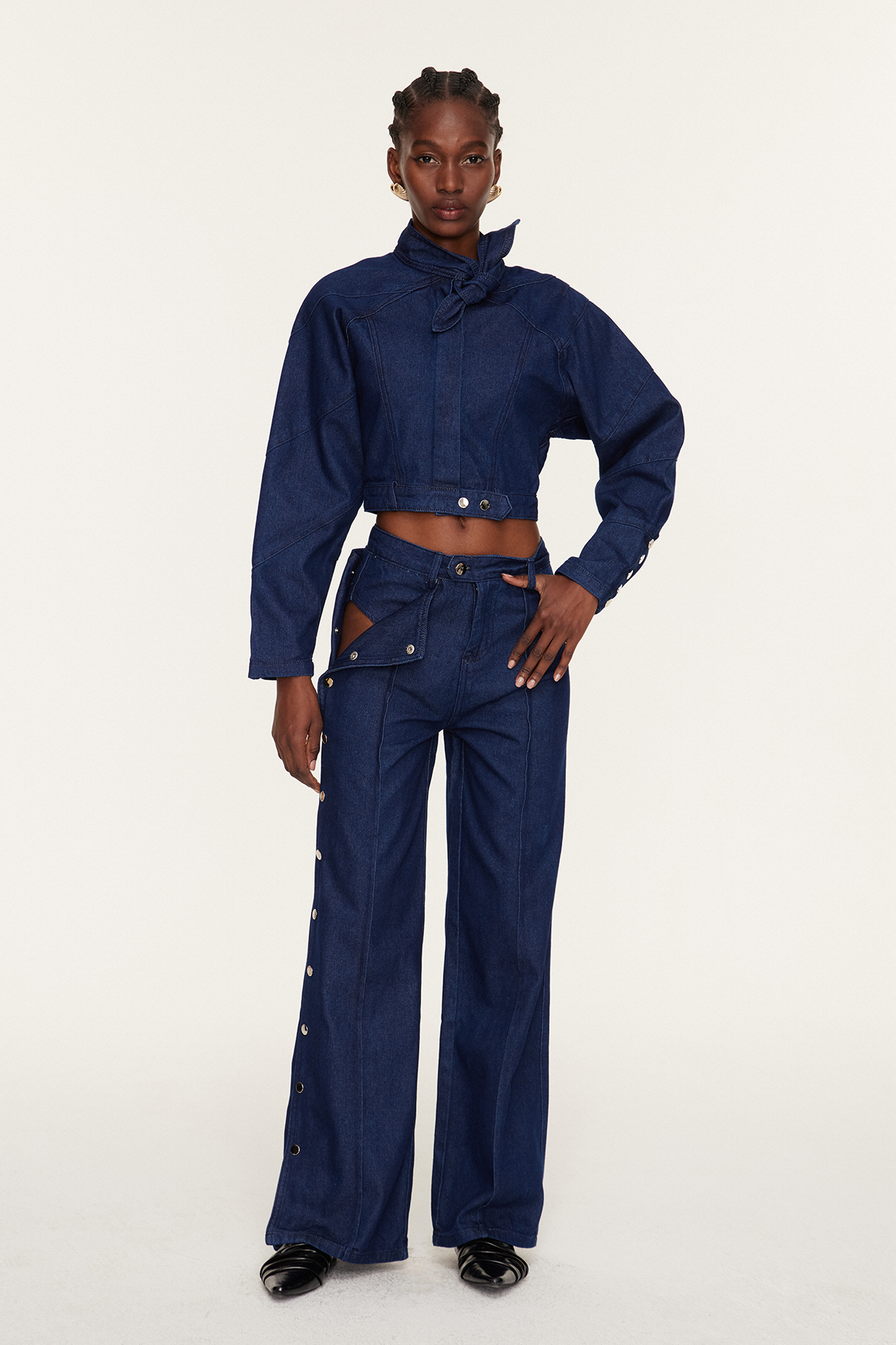 Adia Lace Up Buckle Denim Pants Set In Blue