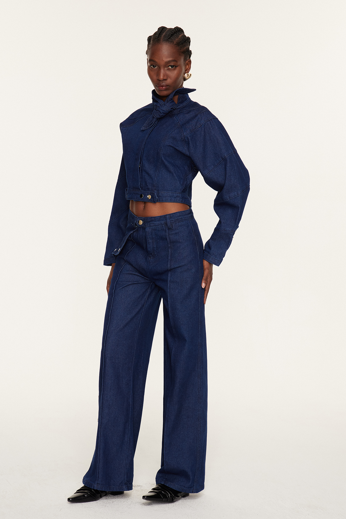 Adia Lace Up Buckle Denim Pants Set In Blue