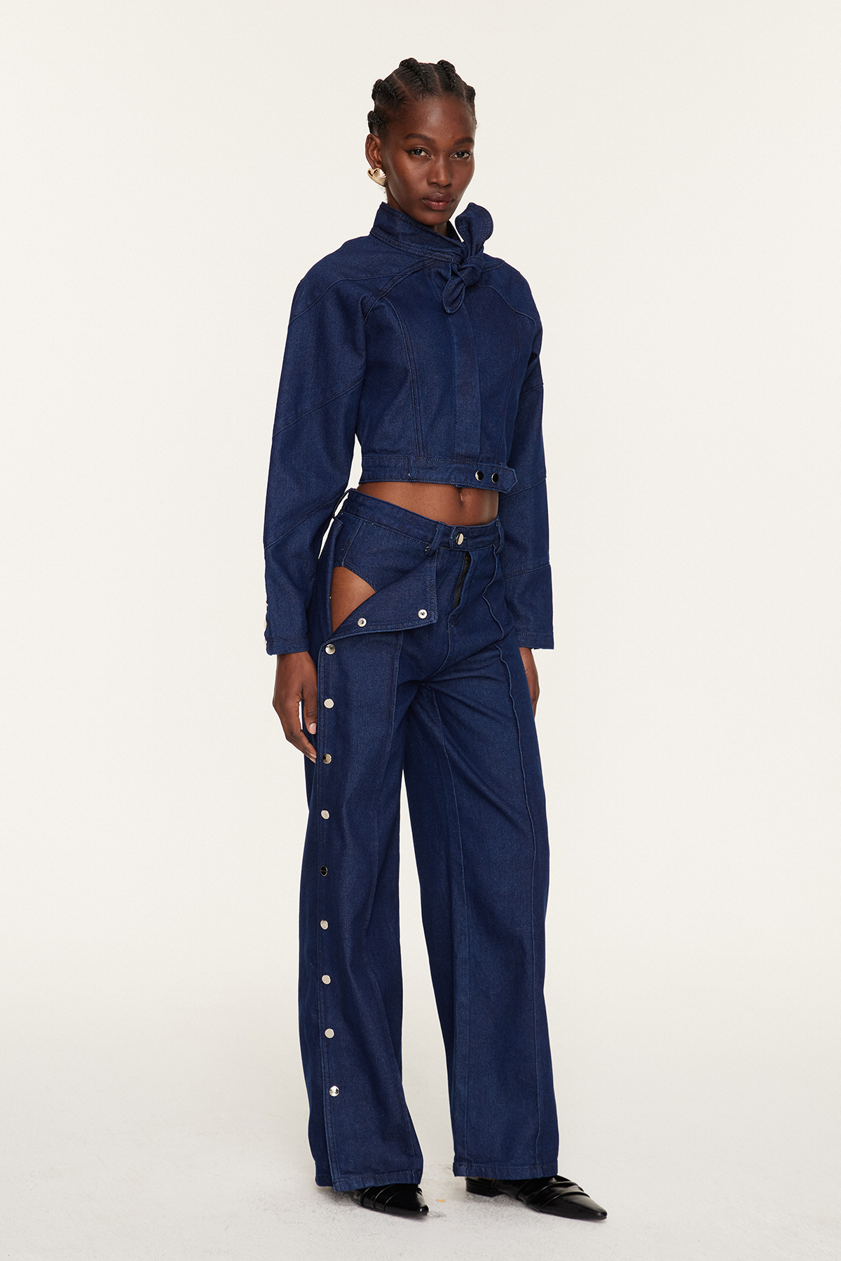 Adia Lace Up Buckle Denim Pants Set In Blue