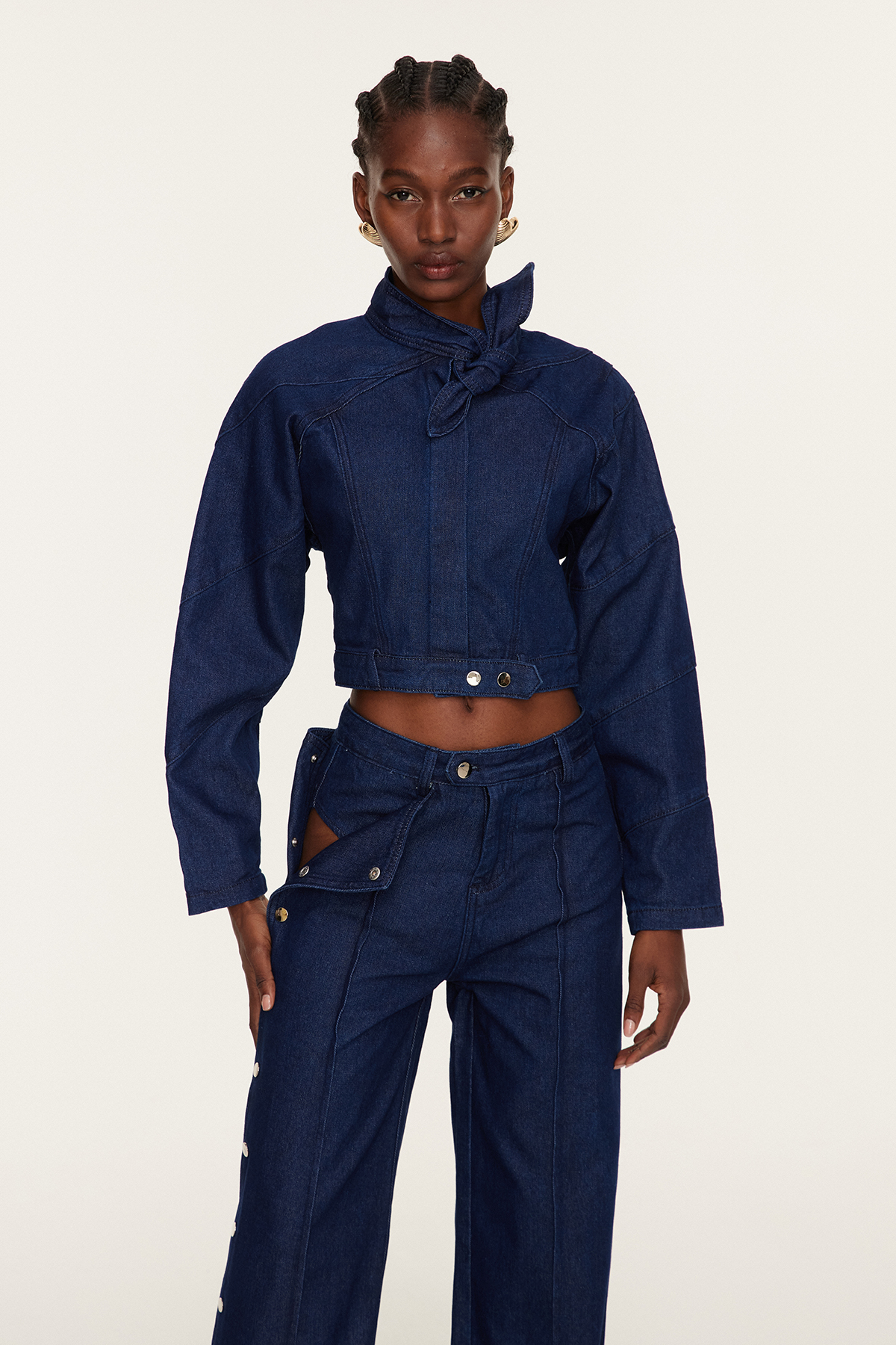 Adia Lace Up Buckle Denim Pants Set In Blue