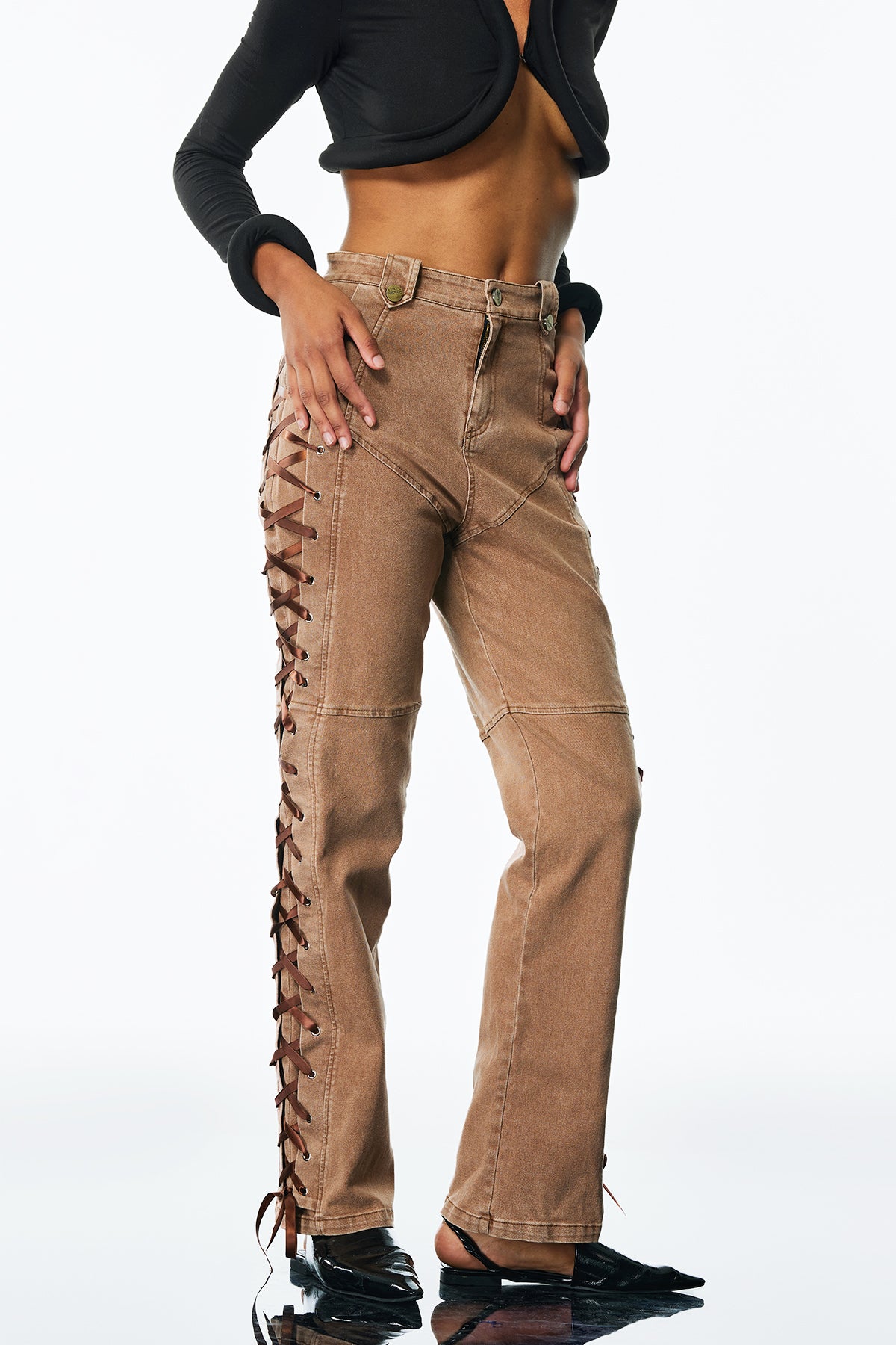 Adriano Lace Up Jeans In Khaki
