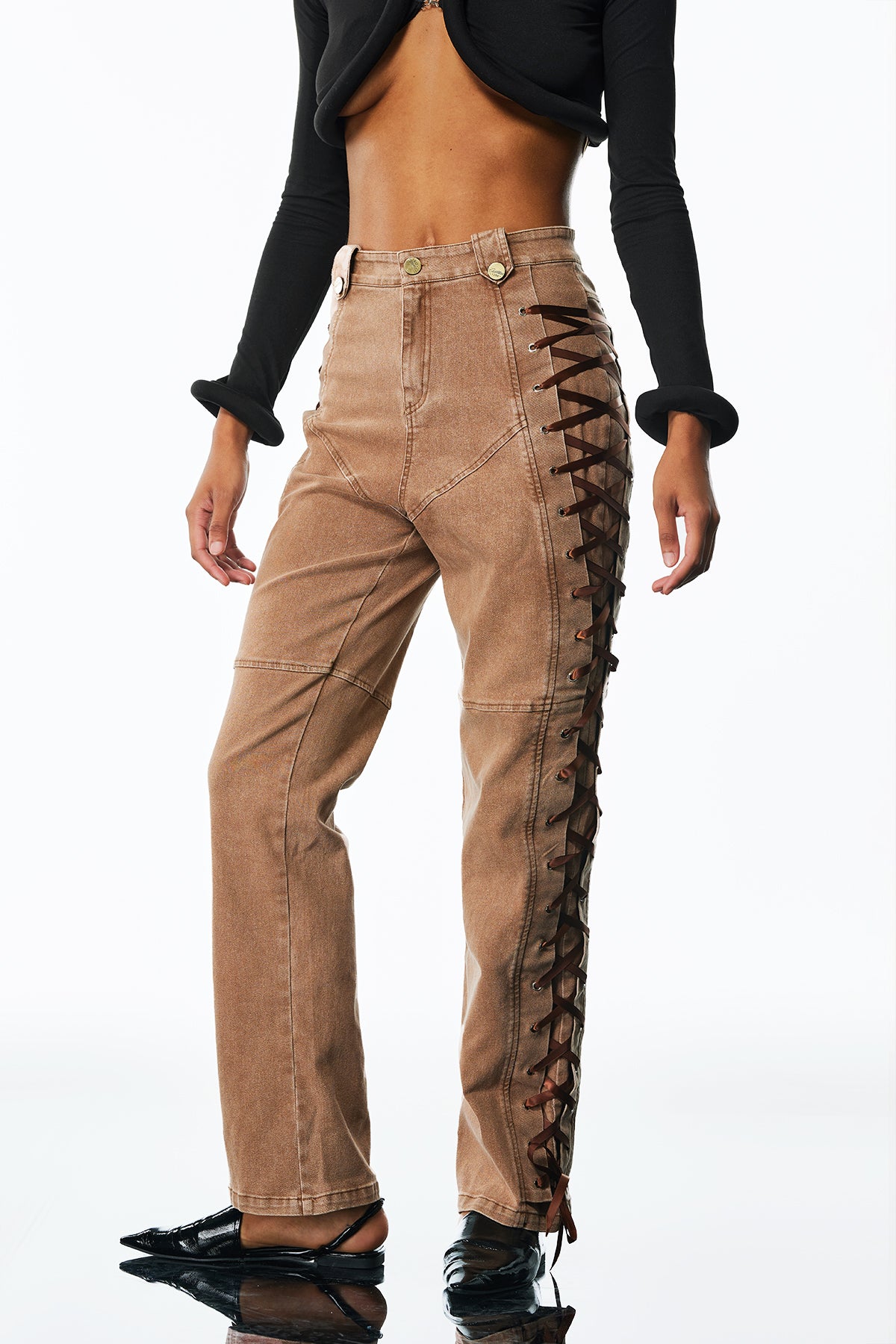 Adriano Lace Up Jeans In Khaki