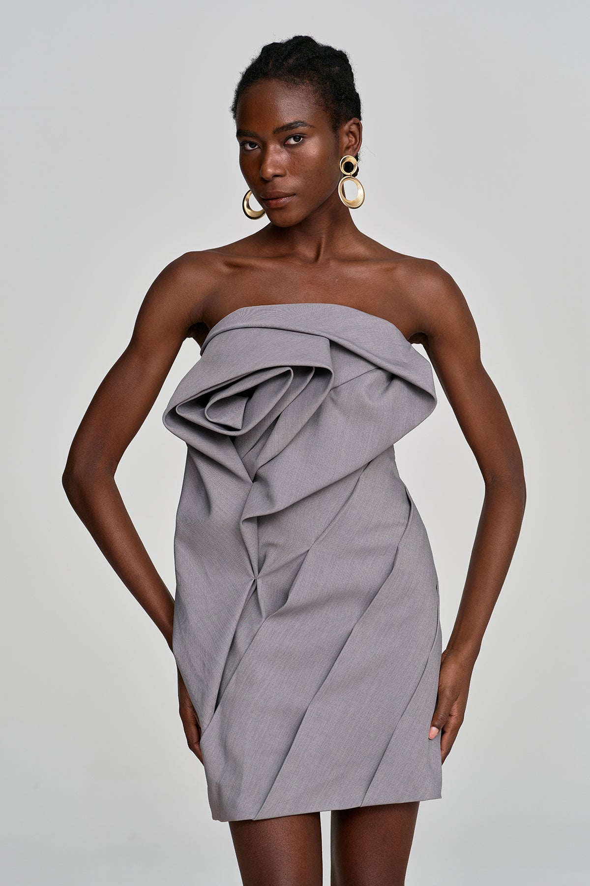 Aeronwen Flower Strapless Ruch Mini Dress In Grey