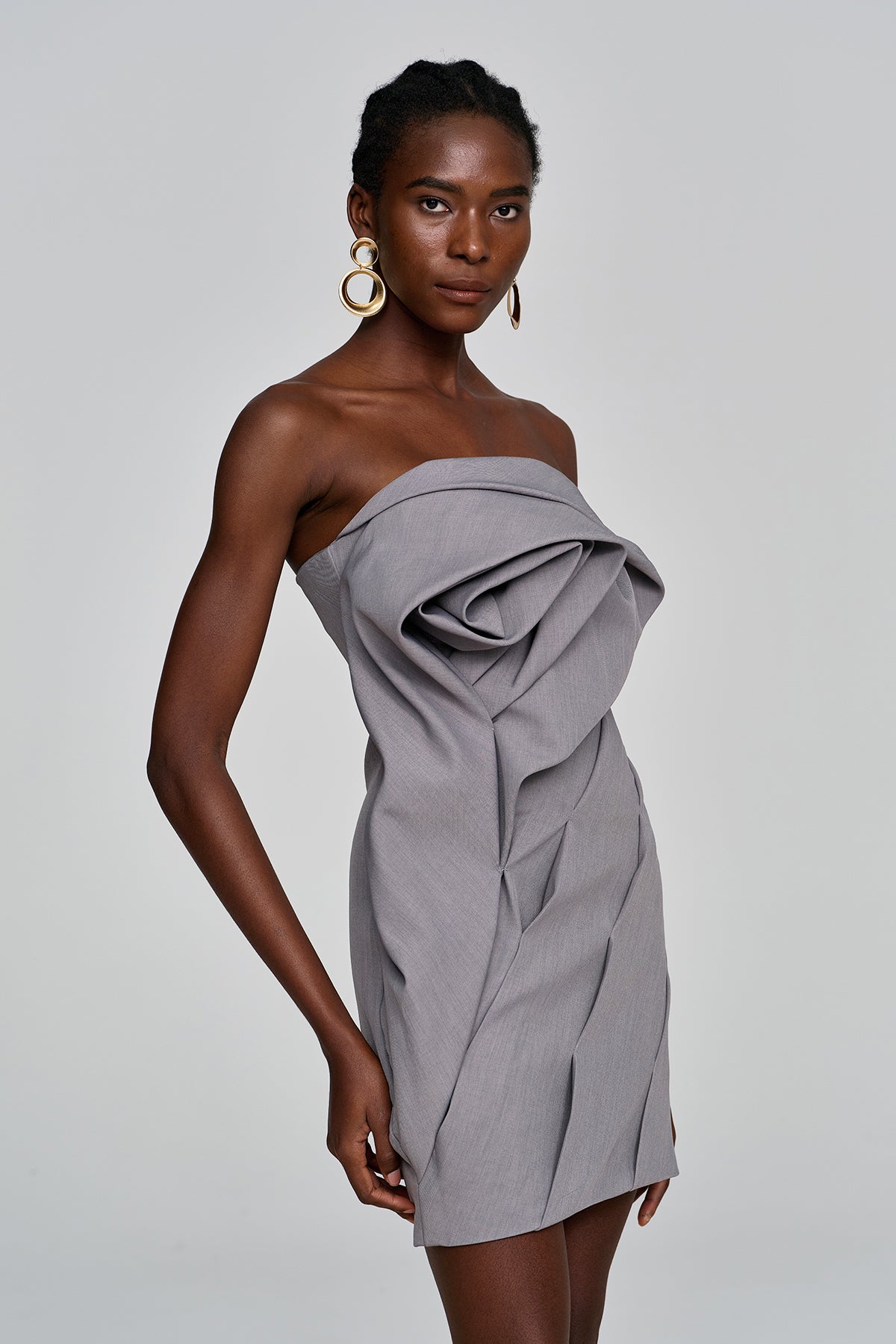 Aeronwen Flower Strapless Ruch Mini Dress In Grey