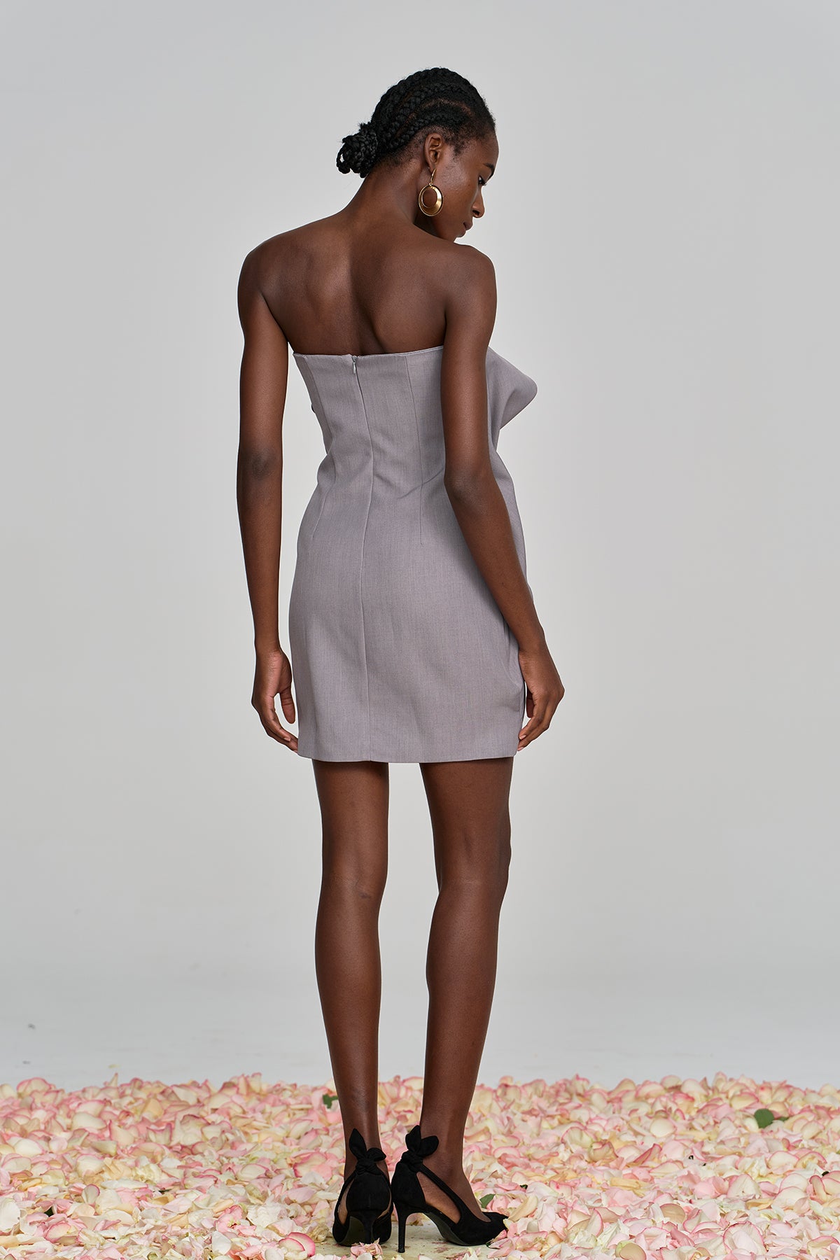 Aeronwen Flower Strapless Ruch Mini Dress In Grey