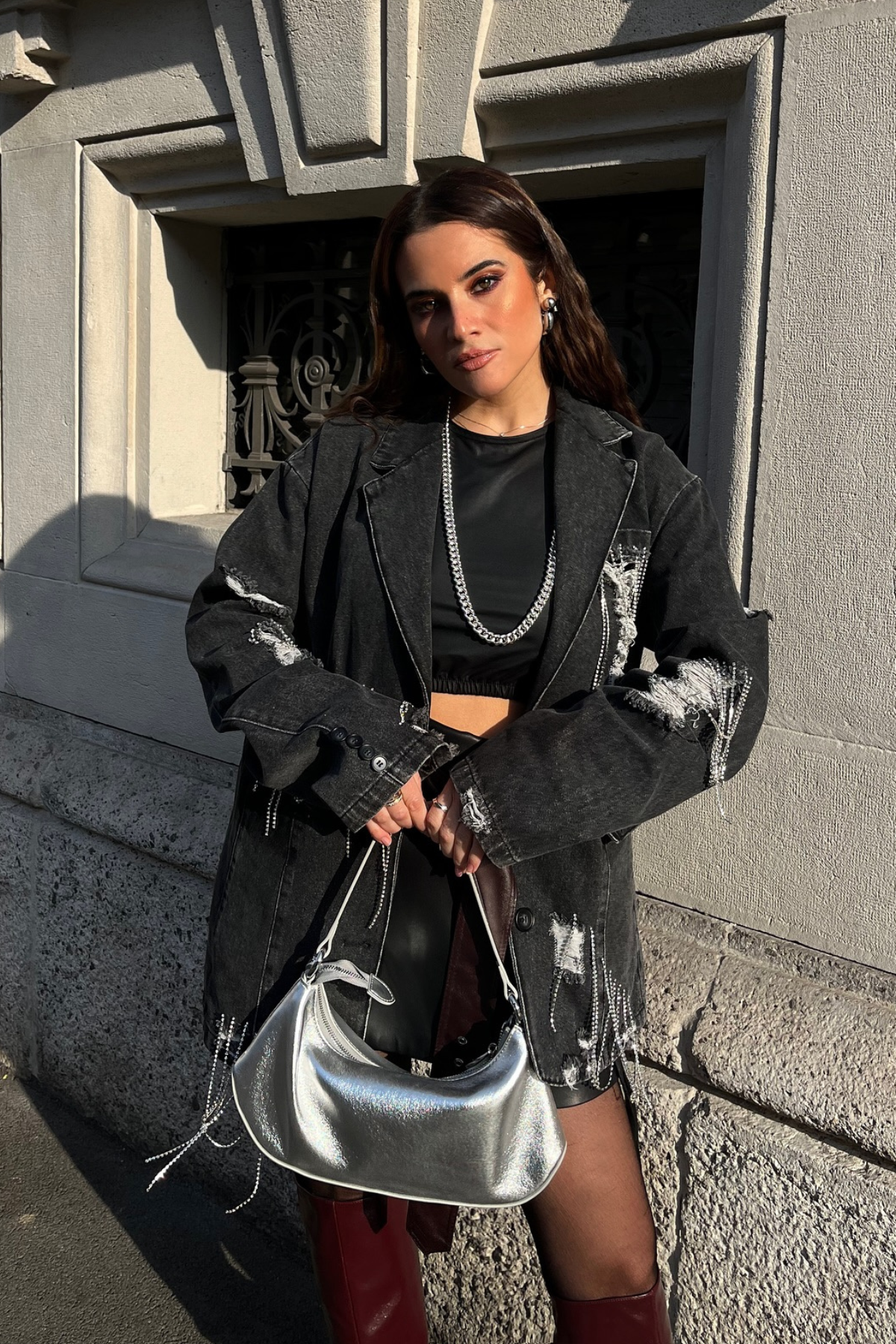 Afton Rhinestone Chain Torn Denim Jacket