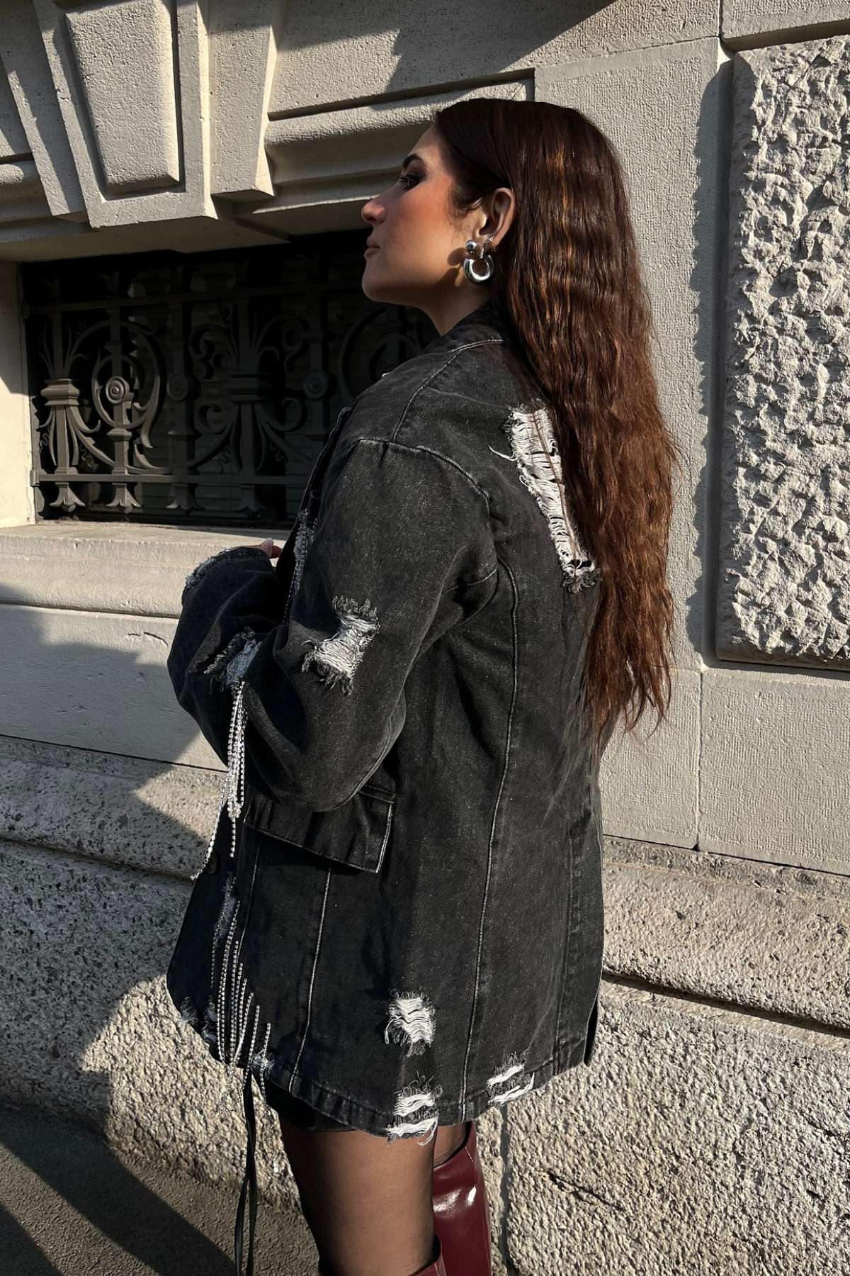 Afton Rhinestone Chain Torn Denim Jacket